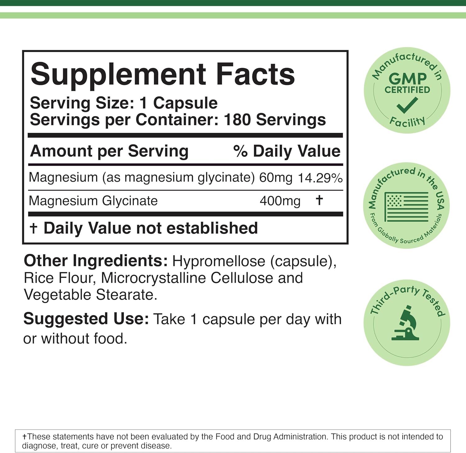 Magnesium 400 mg – Magnesium Glycinate 400 mg, 180 Capsules (Vegan Safe, Manufactured and Third Party Tested in The USA, Gluten Free, Non-GMO) High Absorption Magnesium by Double Wood Supplements – Bild 2