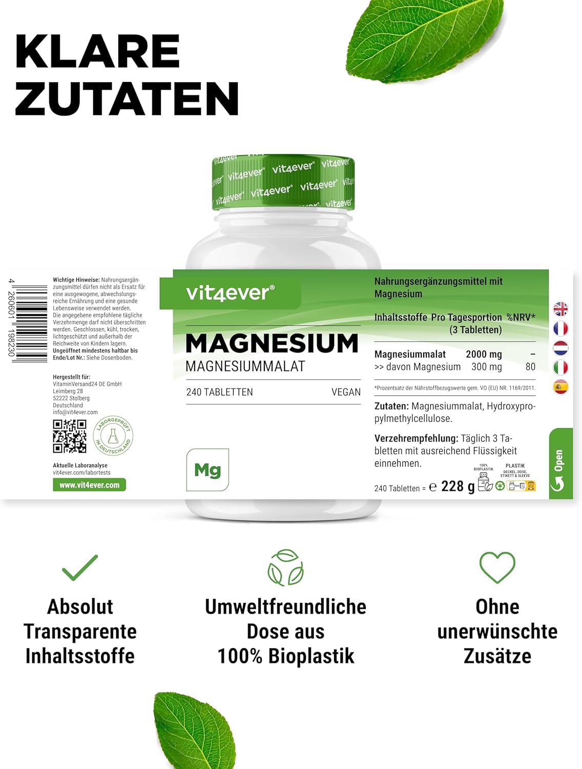 Magnesium 600 mg – Magnesium Malate - 240 Tablets with 2000 mg Magnesium Malate per Daily Serving - High Bioavailability & High Dose - No Unwanted Additives - Vegan – Bild 5
