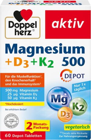 Magnesium 600 mg โ Doppelherz Magnesium 500 + D3 + K2 - High Dose Magnesium as a Contribution to the Normal Function of Muscles and Nervous System - 60 Vegetarian Depot Tablets
