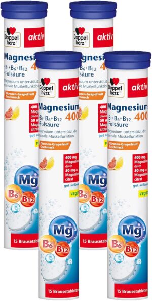 Magnesium Komplex mit B6 & Zink – Doppelherz Magnesium 400 + B1 + B6 + B12 + Folic Acid - Magnesium as a Contribution to Normal Muscle Function - Vegan - 15 Effervescent Tablets with Lemon Grape Fruit Flavour (Pack of 4)