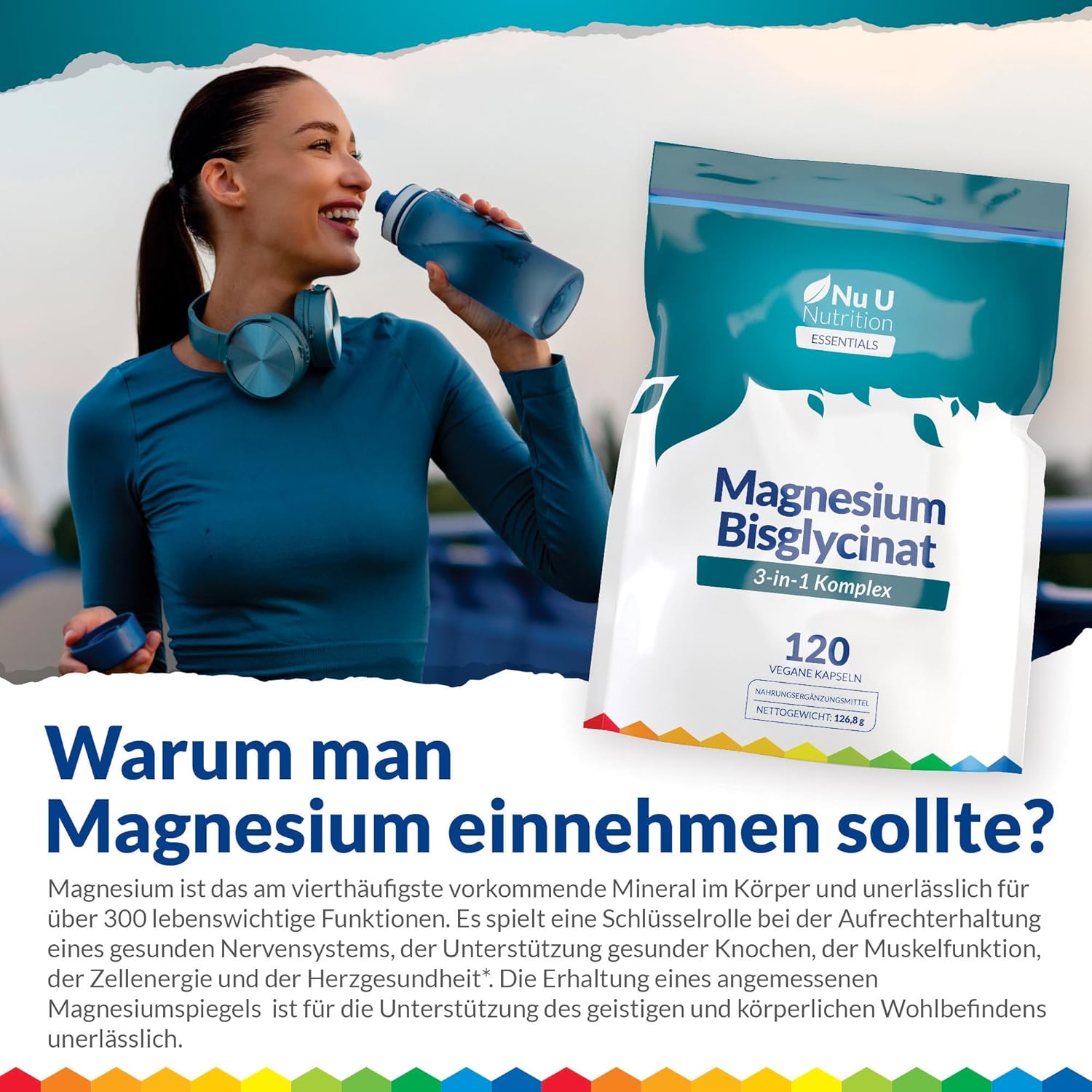 Magnesium Komplex mit B6 & Zink – Magnesium Glycinate 3-in-1 Complex 1813 mg - 120 Vegan Capsules - Triple High Absorption Bisglycinate, Citrate & Malate - 384 mg Elemental Magnesium - Nu U Nutrition – Bild 7