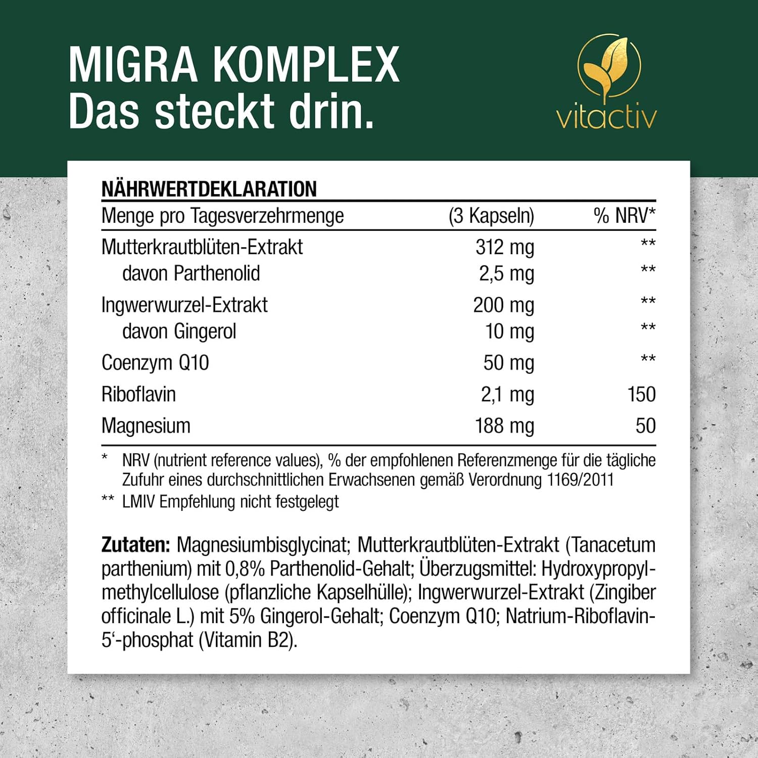 Magnesium Komplex mit B6 & Zink – VITACTIV Migra Complex - 90 Feverfew Capsules for Head Balance - Plus Ginger Extract, Magnesium, Coenzyme Q10, Vitamin B2 - Produced & Laboratory Tested in Germany - Vegan, No Artificial Additives – Bild 7