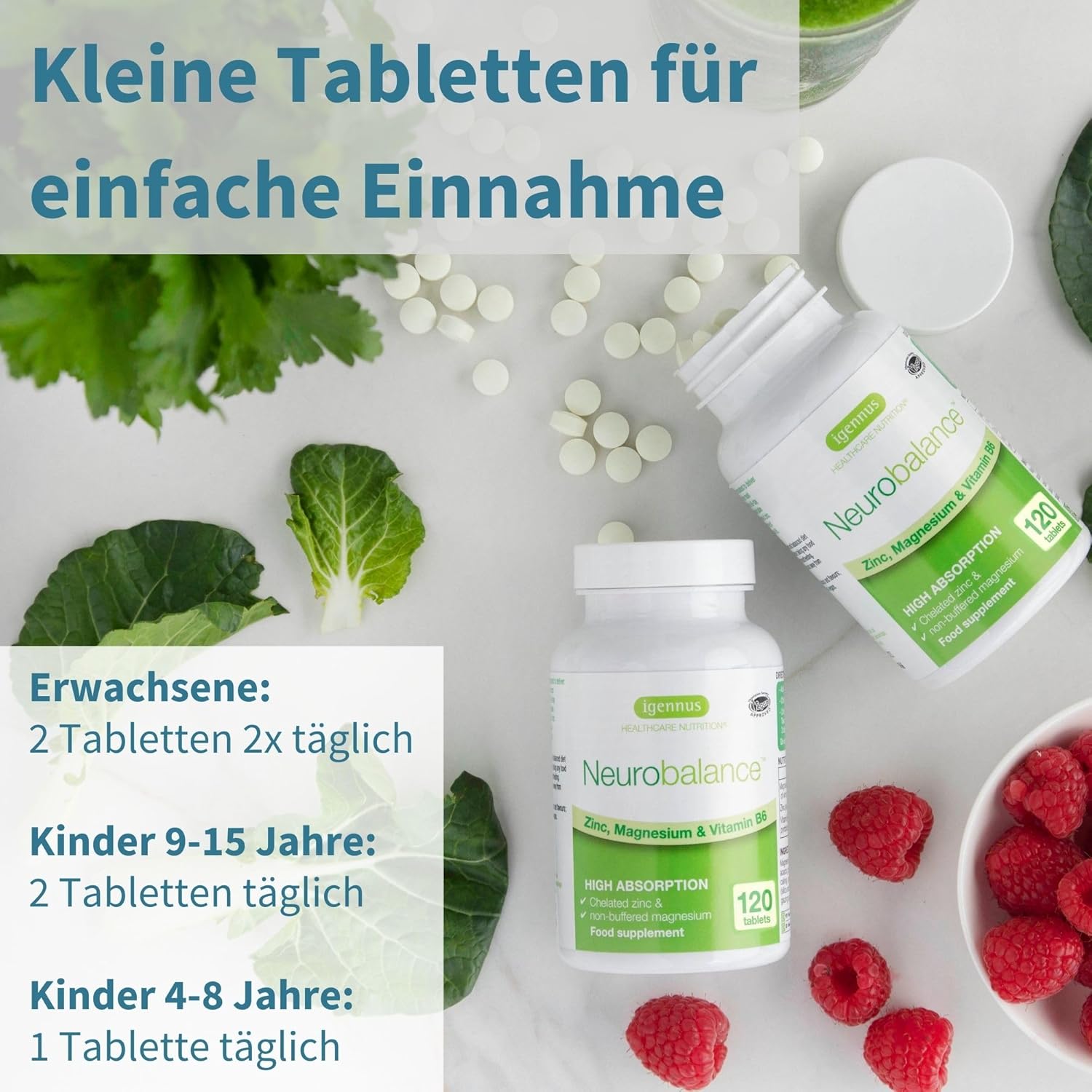 Magnesium Komplex mit B6 & Zink – Neurobalance: zinc methionine, magnesium & vitamin B6 – supplement for brain function and mental performance support, 120 tablets – Bild 4