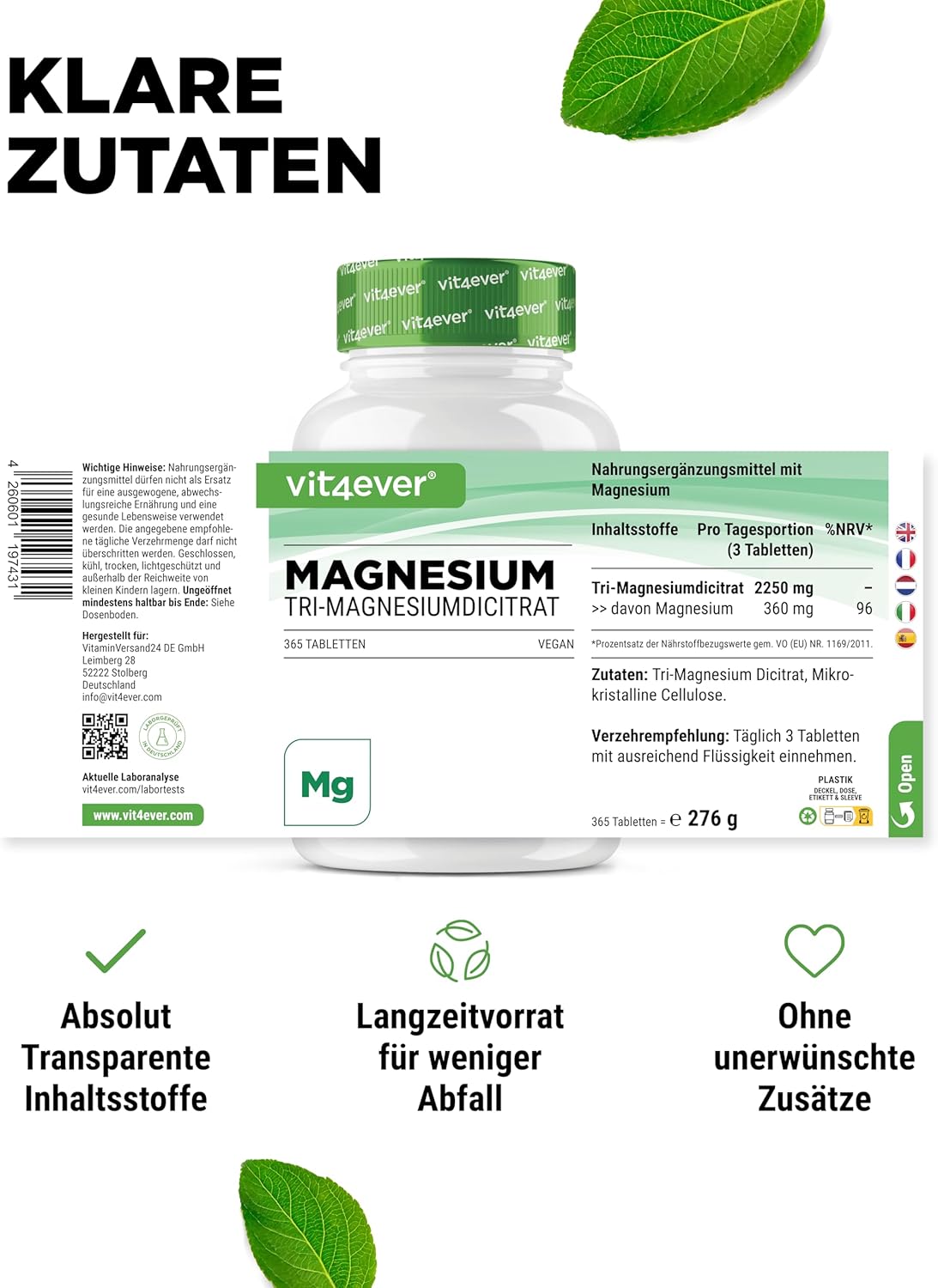 Magnesium 250 mg – Magnesium Citrate - 365 Tablets - 2250 mg of which 360 mg Elementary Magnesium per Daily Serving - 100% Tri-Magnesium Dicitrate without Additives - High Dose - Vegan – Bild 5