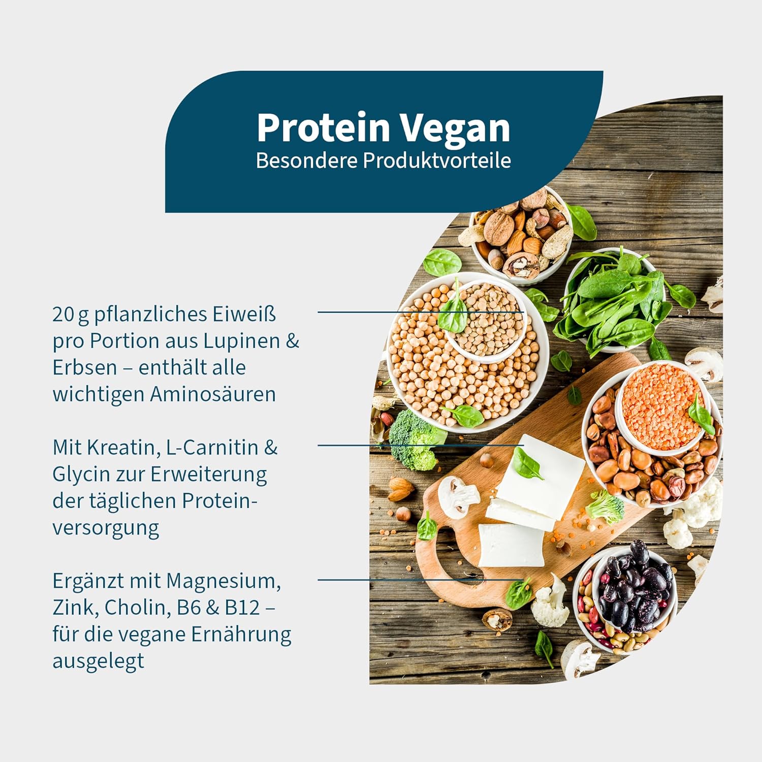 Magnesium Komplex mit B6 & Zink – NatuGena Protein Vegan, Vegetable Protein Powder with Pea & Lupine Protein, Creatine, L-Carnitine, Glycine, Magnesium, Zinc & Vitamin B Complex, 1080 g Powder (24 Day Pack) – Bild 2