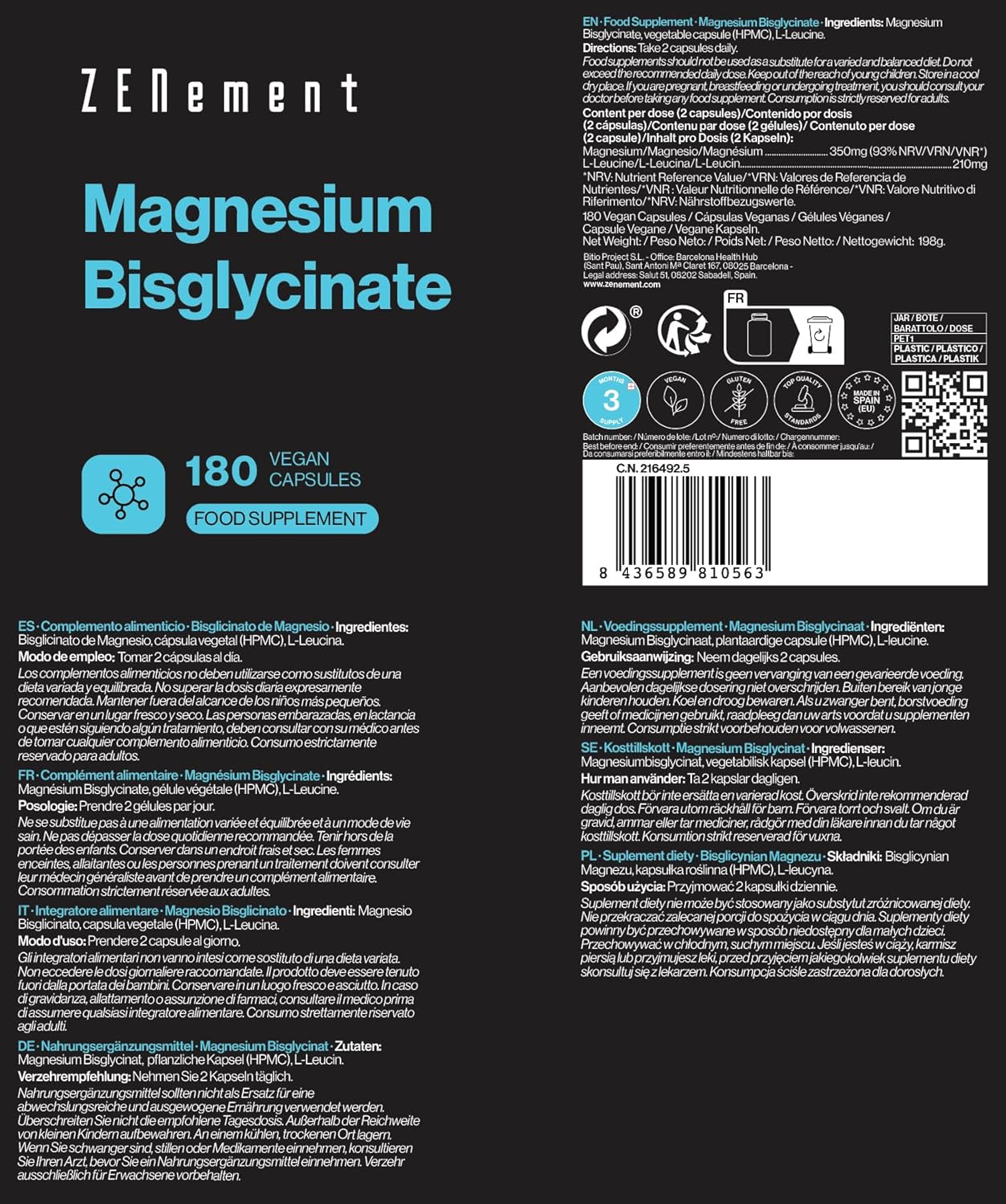 Magnesium Komplex mit B6 & Zink – Magnesium Glycinate, 175 mg Elementary Magnesium per Capsule (350 mg Magnesium Bisglycinate) | Premium: Chelated Magnesium | 180 Capsules (3 Month Supply) | Vegan, High Dose | Zenement – Bild 4