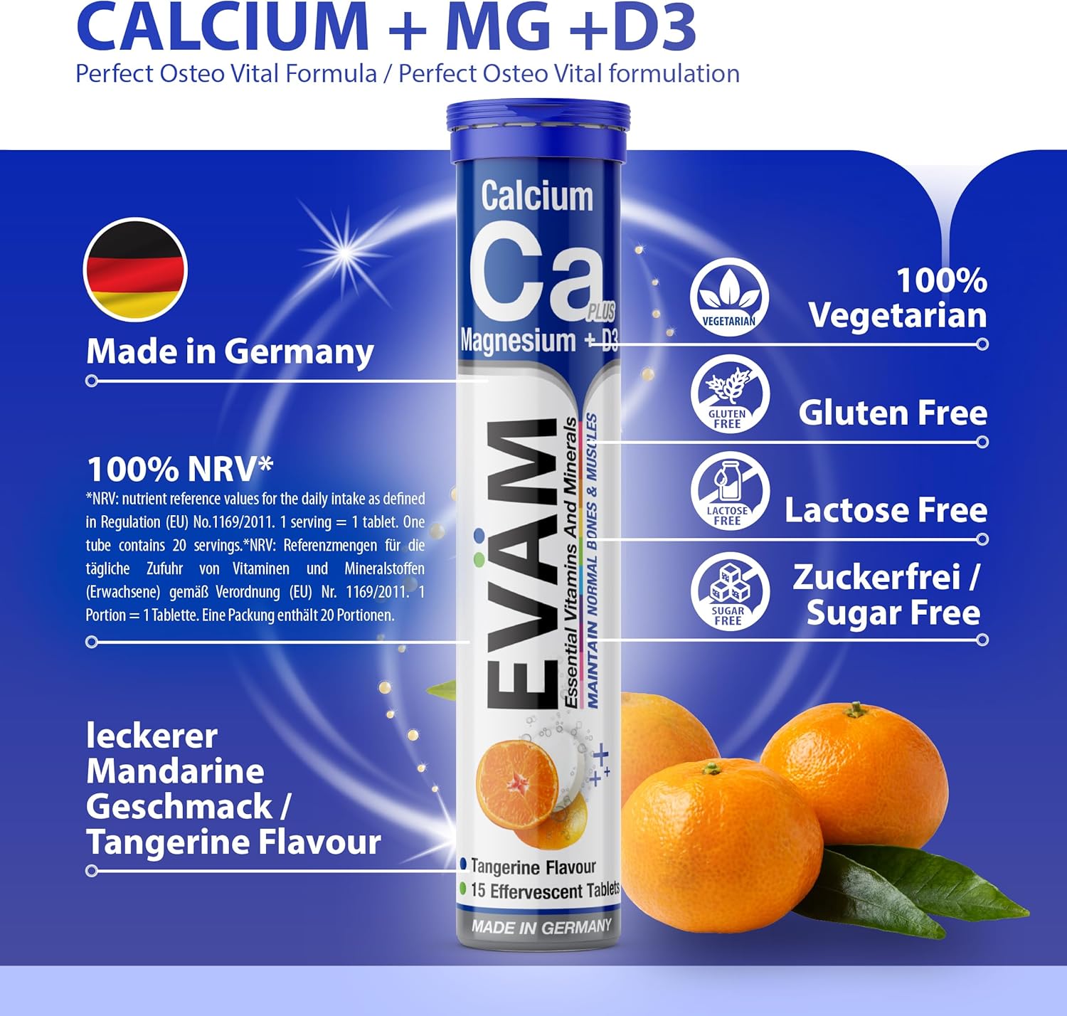 Magnesium 600 mg – Calcium Magnesium D3 Effervescent Tablets, Mandarin Flavour, 3 x 15 Pieces, Dietary Supplement to Support Bones and Muscles, Suitable for Vegetarians, Made in Germany – Bild 4