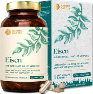 Magnesium Komplex mit B6 & Zink – Nature Basics® natural iron certified & sustainable in a jar | 180 (!) capsules highly dosed | 14mg iron & 80mg vitamin C per capsule | pure from curry leaf & rosehip | without additives & from DE