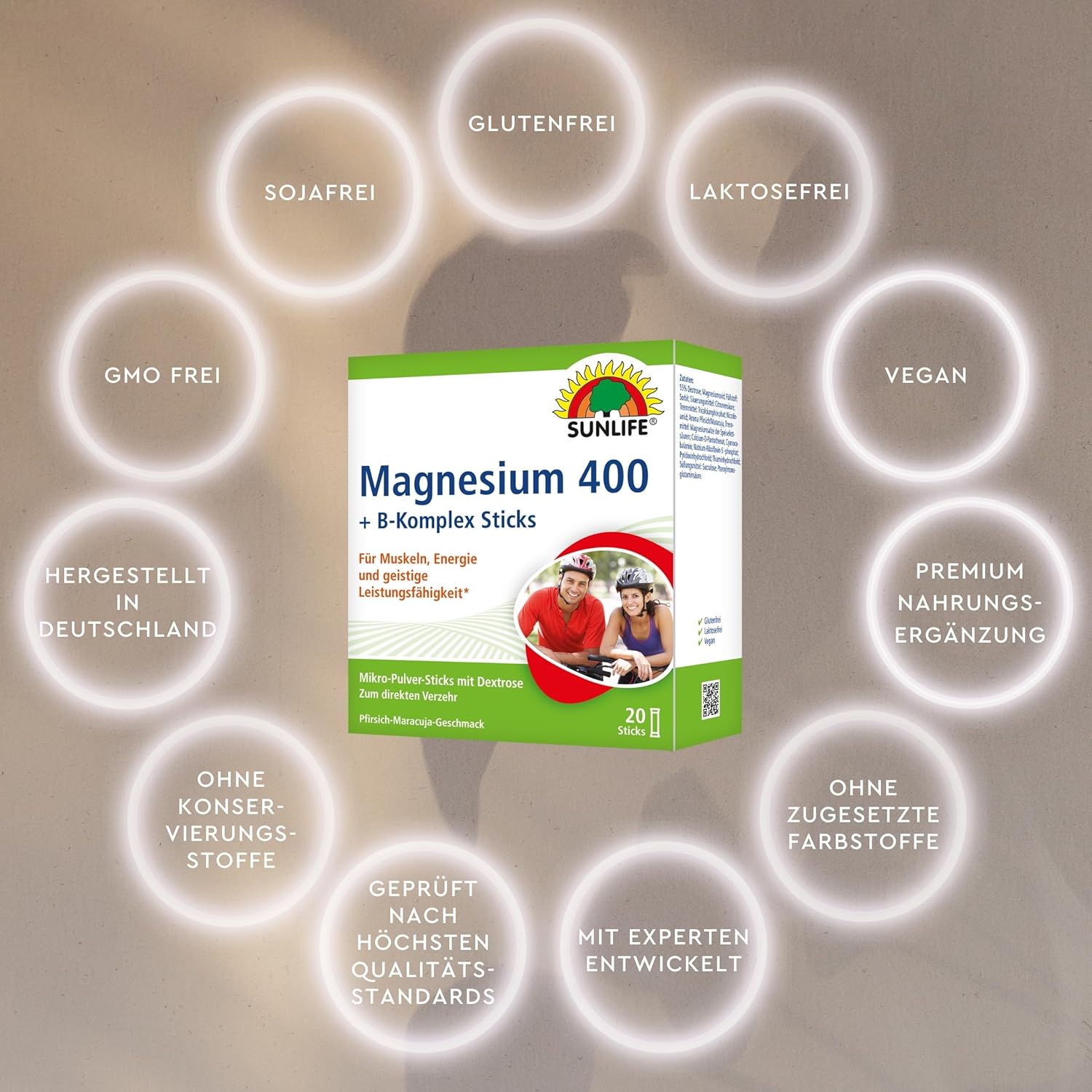 Magnesium Komplex mit B6 & Zink – SUNLIFE Magnesium 400 + B Complex Sticks - 1 x 20 Powder Sticks - Peach Passion Fruit Flavour - Magnesium for Muscles, Nerves & Energy - Magnesium Direct Sticks - Magnesium Powder Vegan – Bild 6