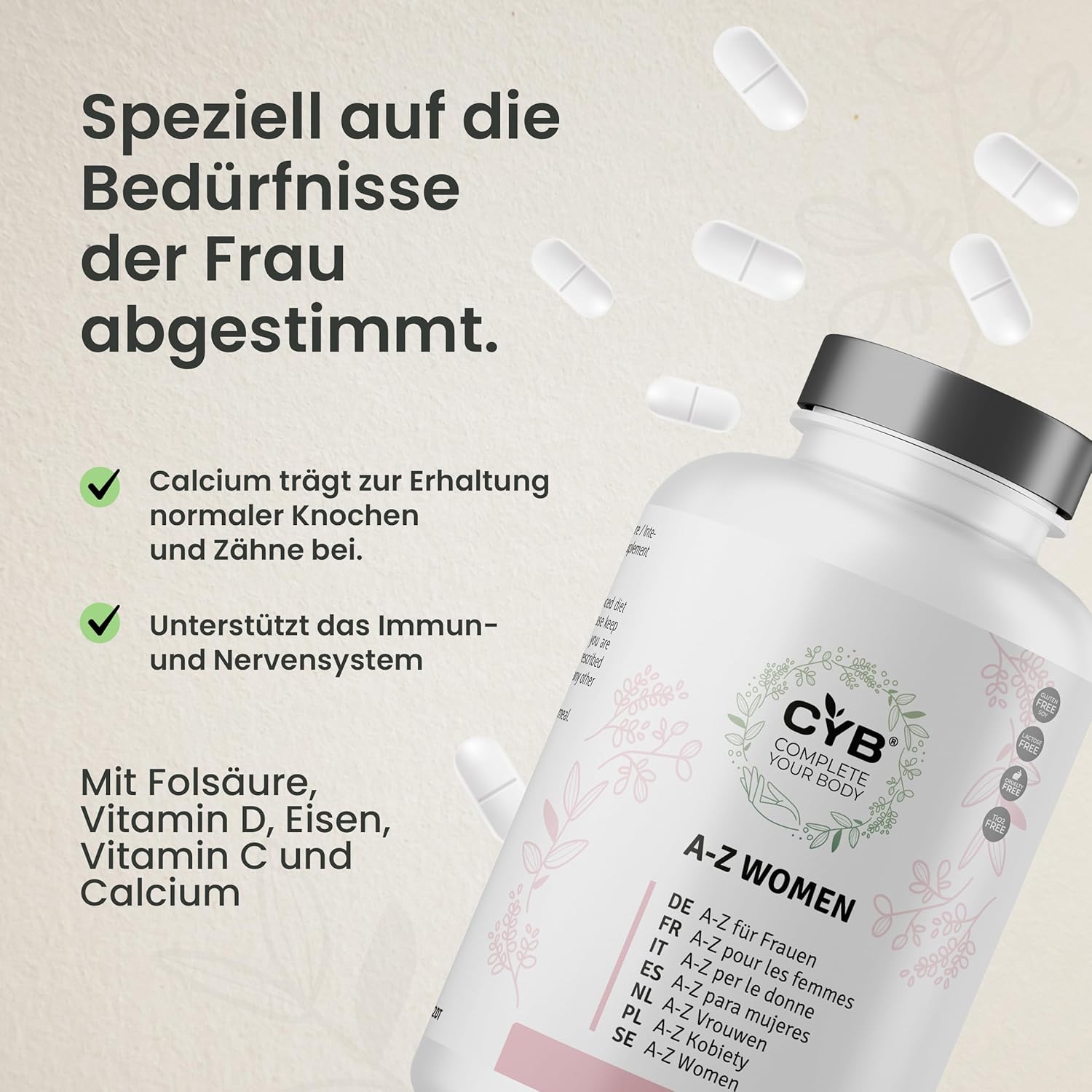 Magnesium Komplex mit B6 & Zink – CYB Multivitamin for Women - Once a day with vitamins A, C, D, E, K, B complex, biotin, folic acid, CoQ10, lutein and essential minerals (calcium, magnesium, iron, zinc, selenium and more) – Bild 4
