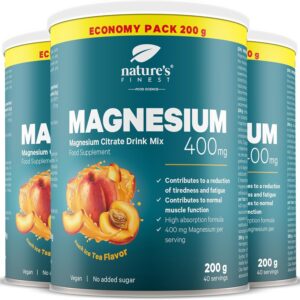Magnesium 400 mg – Nature's Finest Magnesium Citrate Powder - High Dose with 400 mg Magnesium Per Serving - Vegan, Sugar-Free, with Peach Flavour - 600 g for 120 Servings