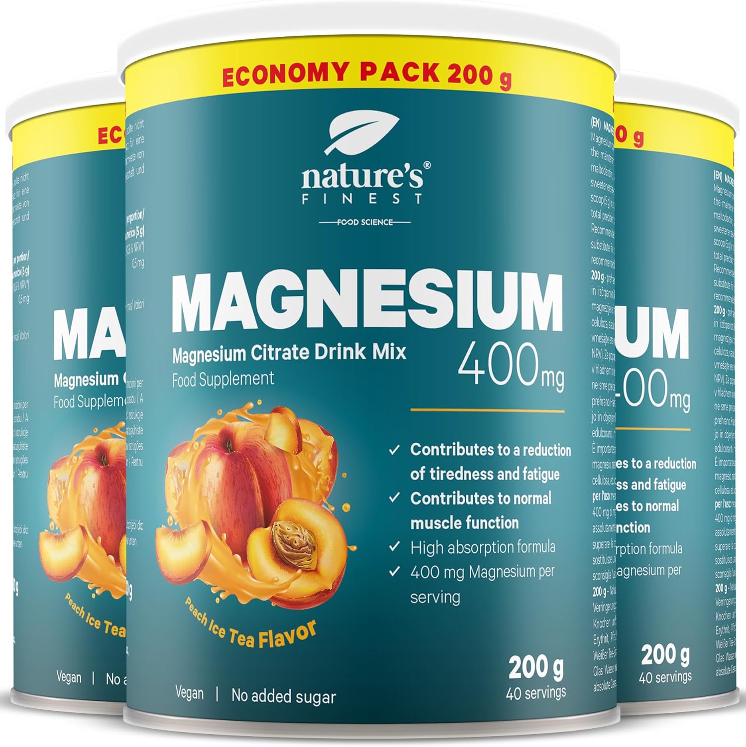 Magnesium 400 mg – Nature's Finest Magnesium Citrate Powder - High Dose with 400 mg Magnesium Per Serving - Vegan, Sugar-Free, with Peach Flavour - 600 g for 120 Servings