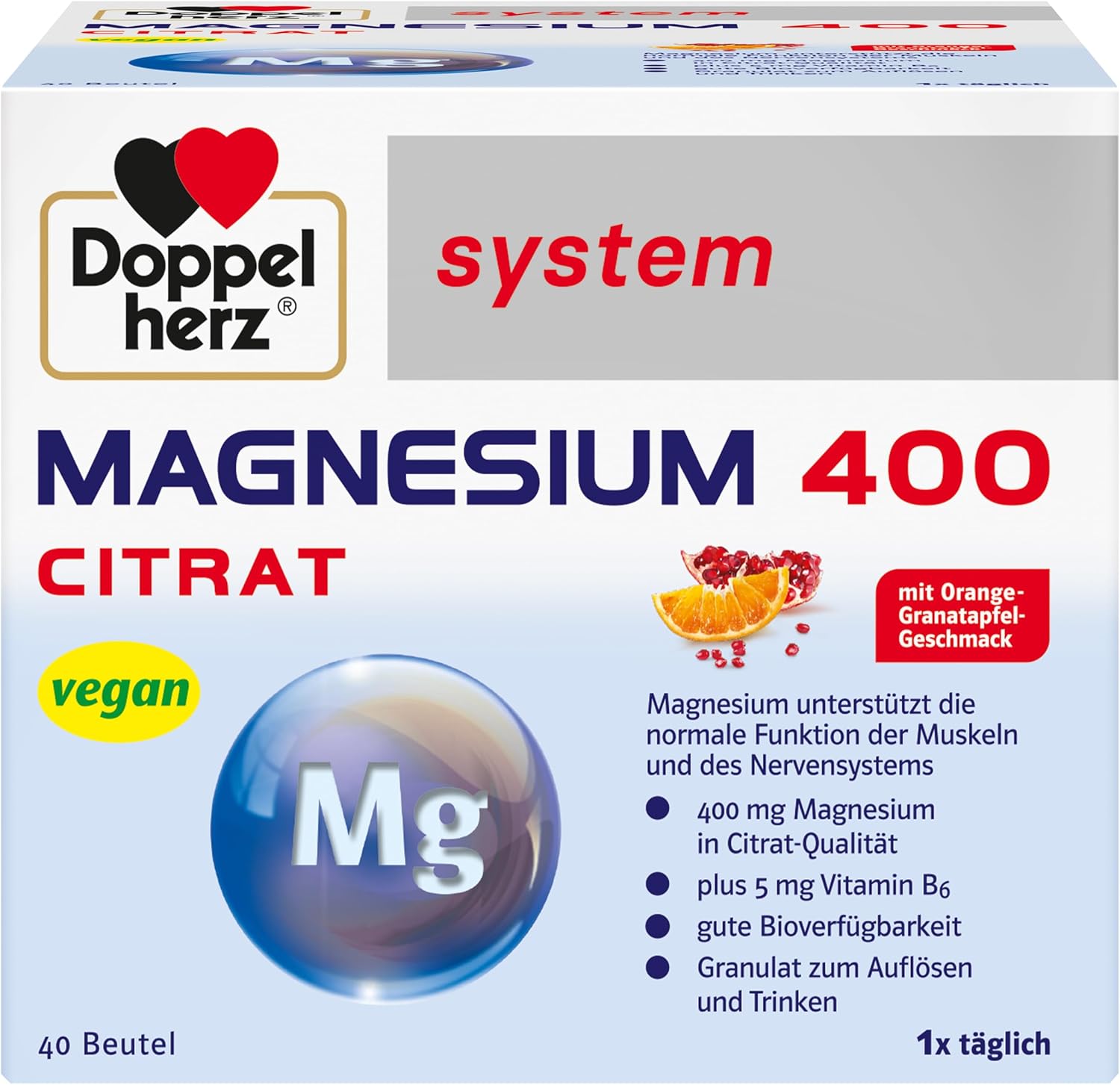 Magnesium 400 mg – Doppelherz System Magnesium 400 Citrate - Magnesium as a Contribution to the Normal Function of Muscles and Nervous System - 40 Portion Bags