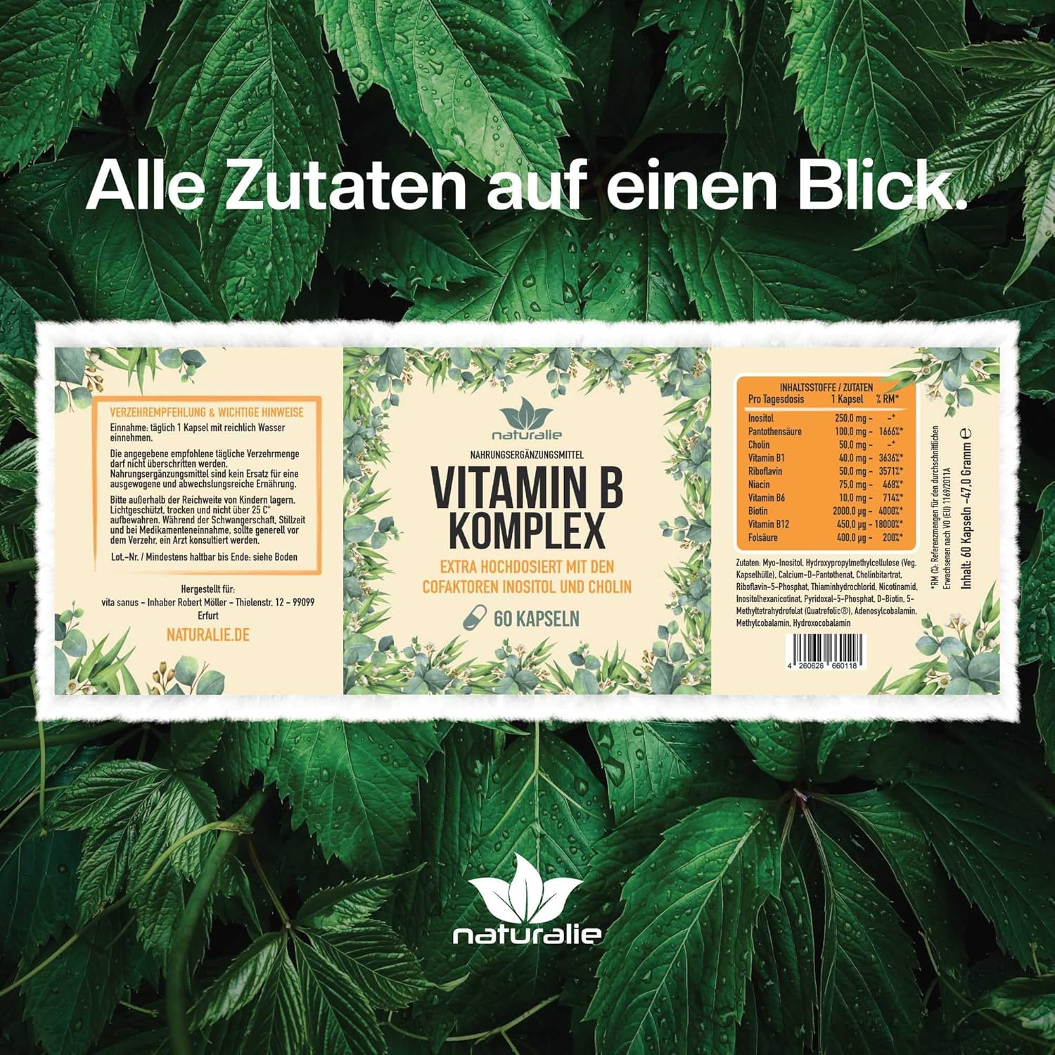 Magnesium Komplex mit B6 & Zink – naturalie® Vitamin B Complex Capsules, High Dose with All Bioactive B Vitamins + Cofactors (Choline, Inositol), Tested for Harmful Substances, No Unnecessary Additives, 60 Capsules in Brown Glass – Bild 7