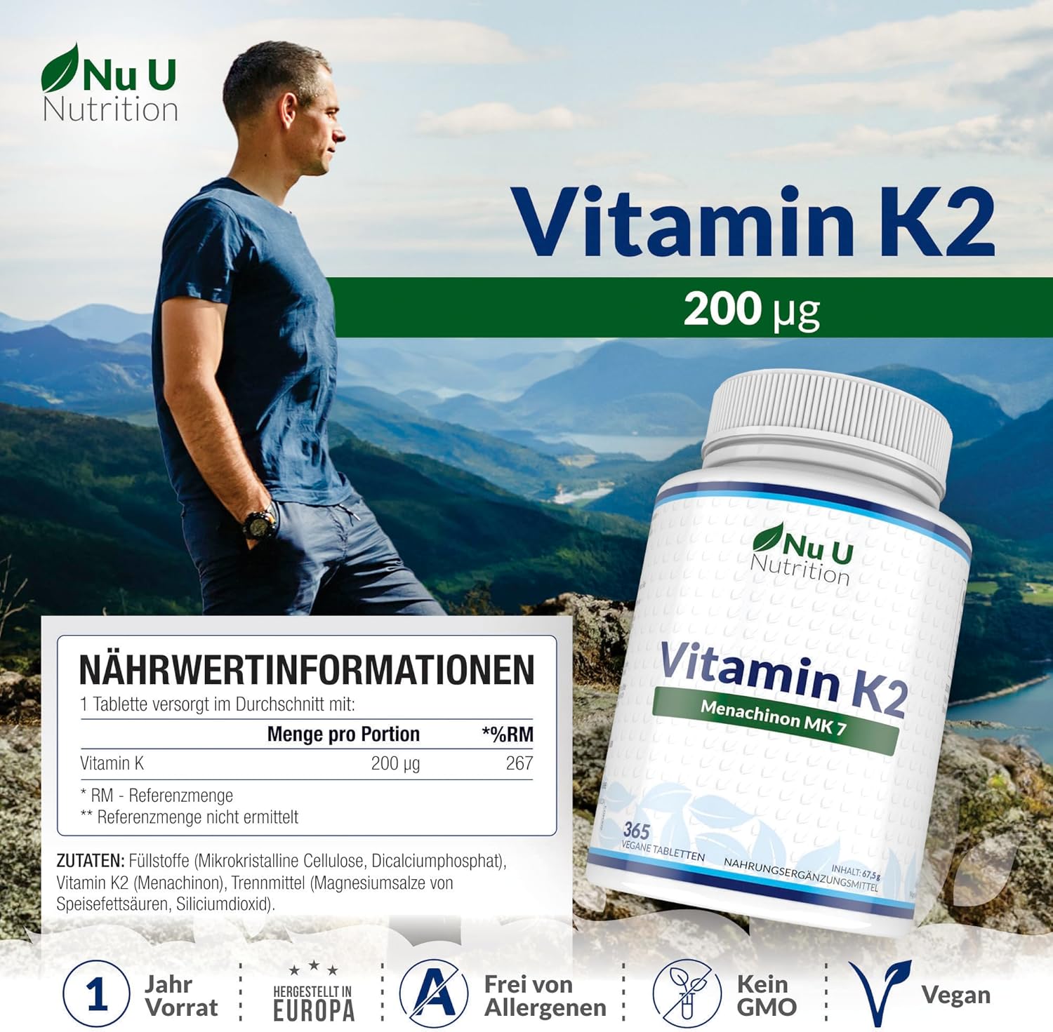 Magnesium Komplex mit B6 & Zink – Vitamin K2 MK7 200 mcg – 365 Vegetarian and Vegan Tablets Year Supply of Vitamin K2 Menac Hinon Nu U Mk7 Nutrition – Bild 2