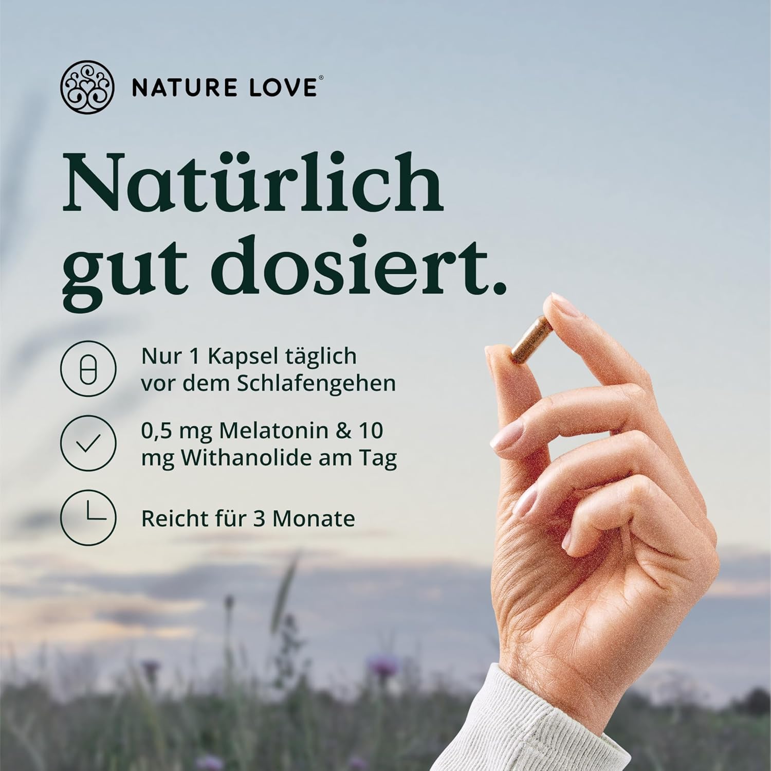 Schlaf-Magnesium mit Melatonin – Natürlich einschlafen & durchschlafen – NATURE LOVE® Nacht - 90 Capsules - with Natural Melatonin, Ashwagandha, Valerian, Lavender and Lemon Balm - 0.5 mg Melatonin per Capsule - Laboratory Tested and Made in Germany – Bild 3
