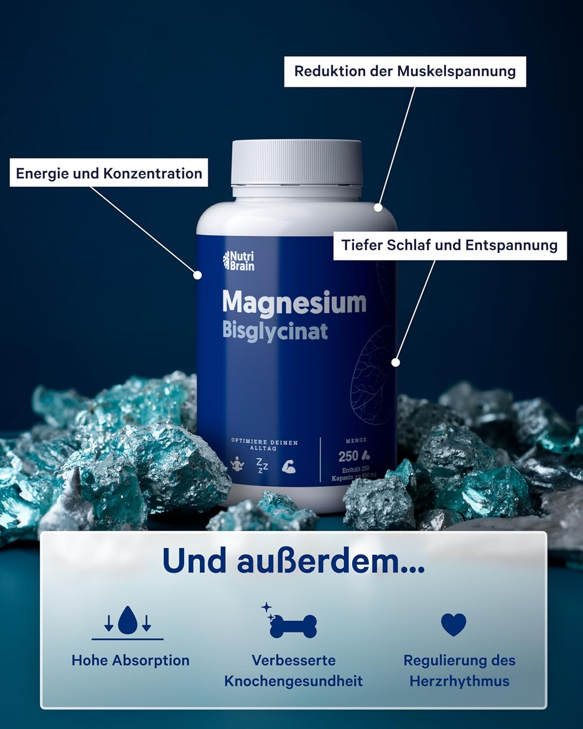 Magnesium 600 mg – Magnesium Bisglycinate 2000 mg - High Dose, 250 Capsules | Premium: Chelated Magnesium with High Bioavailability for Restful Sleep, Energy, Bones and Muscles, Concentration – Bild 5