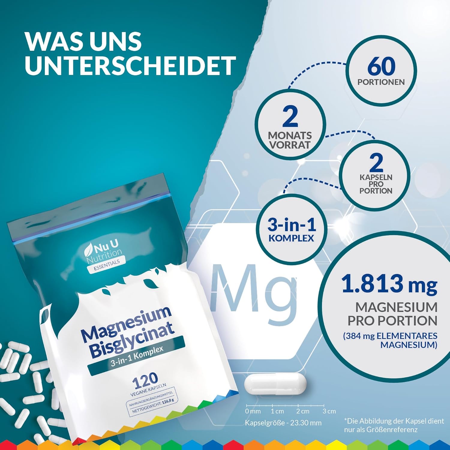 Magnesium Komplex mit B6 & Zink – Magnesium Glycinate 3-in-1 Complex 1813 mg - 120 Vegan Capsules - Triple High Absorption Bisglycinate, Citrate & Malate - 384 mg Elemental Magnesium - Nu U Nutrition – Bild 4