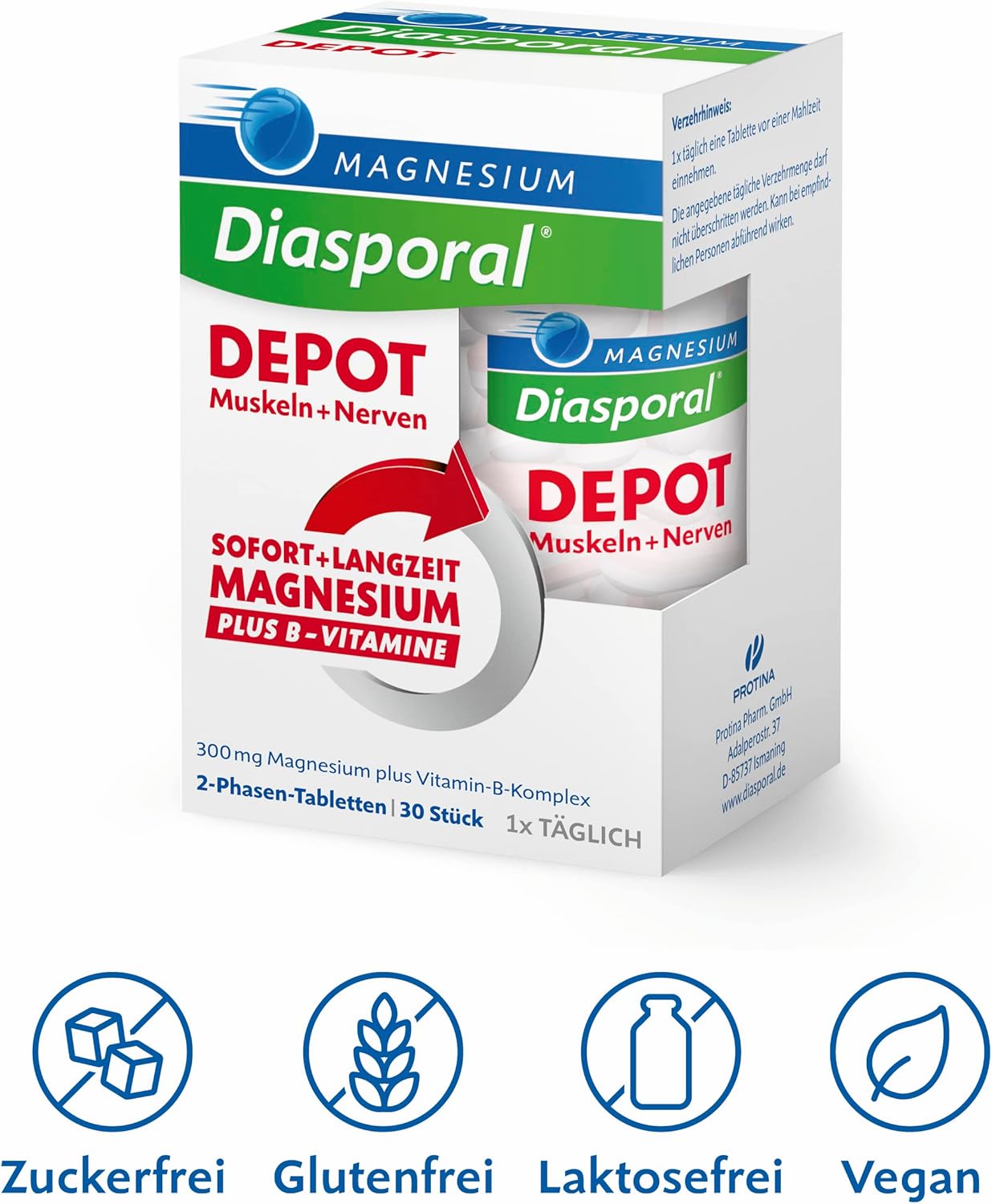 Magnesium Komplex mit B6 & Zink – MAGNESIUM-DIASPORAL® Pro Depot Muscles and Nerves, 300 mg Magnesium & Vitamin B Complex, 2-Phase Depot for Instant and Long-Term Release, Vegan, Gluten-Free & Lactose Free, 30 Tablets – Bild 5
