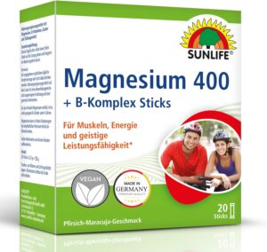 Magnesium Komplex mit B6 & Zink – SUNLIFE Magnesium 400 + B Complex Sticks - 1 x 20 Powder Sticks - Peach Passion Fruit Flavour - Magnesium for Muscles, Nerves & Energy - Magnesium Direct Sticks - Magnesium Powder Vegan