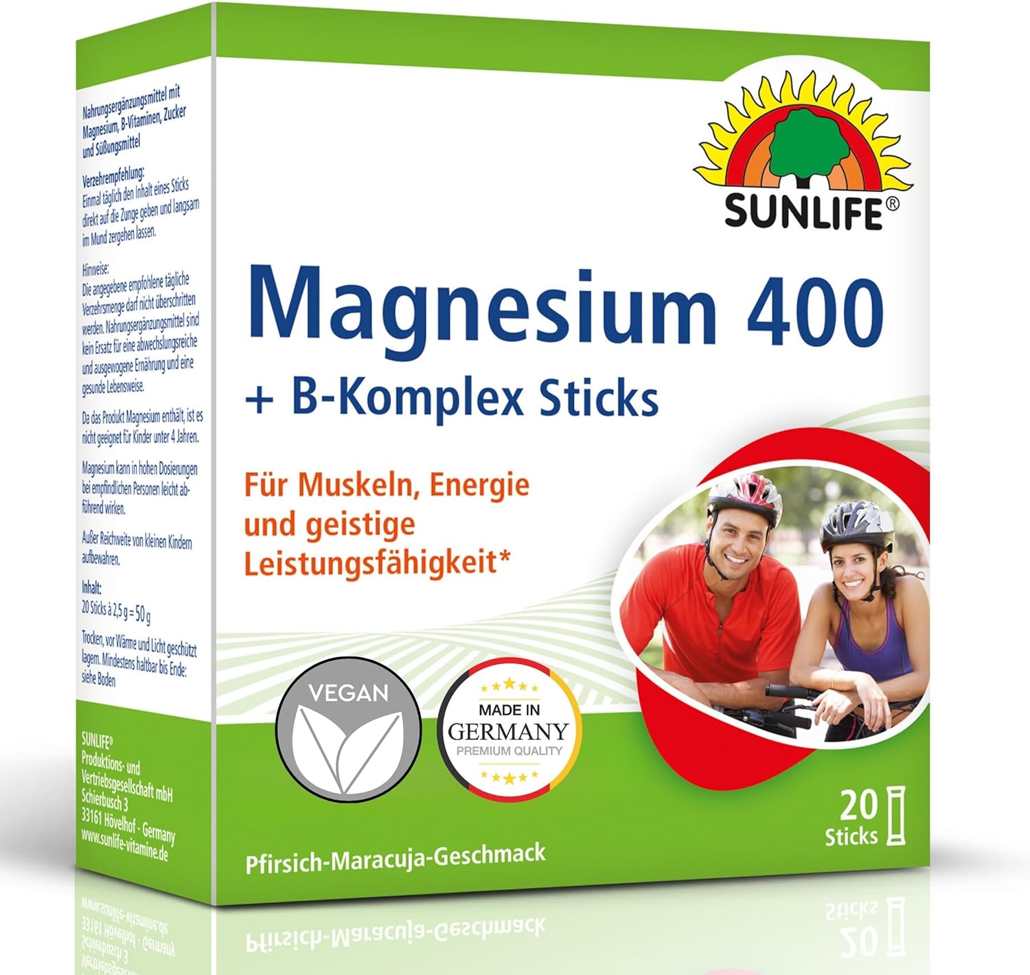 Magnesium Komplex mit B6 & Zink – SUNLIFE Magnesium 400 + B Complex Sticks - 1 x 20 Powder Sticks - Peach Passion Fruit Flavour - Magnesium for Muscles, Nerves & Energy - Magnesium Direct Sticks - Magnesium Powder Vegan