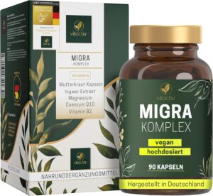 Magnesium Komplex mit B6 & Zink – VITACTIV Migra Complex - 90 Feverfew Capsules for Head Balance - Plus Ginger Extract, Magnesium, Coenzyme Q10, Vitamin B2 - Produced & Laboratory Tested in Germany - Vegan, No Artificial Additives