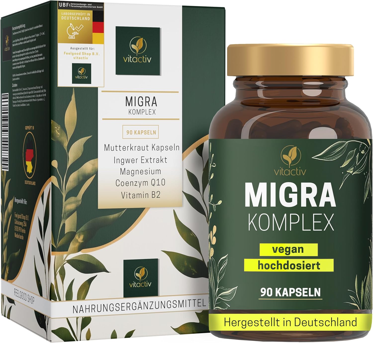 Magnesium Komplex mit B6 & Zink – VITACTIV Migra Complex - 90 Feverfew Capsules for Head Balance - Plus Ginger Extract, Magnesium, Coenzyme Q10, Vitamin B2 - Produced & Laboratory Tested in Germany - Vegan, No Artificial Additives