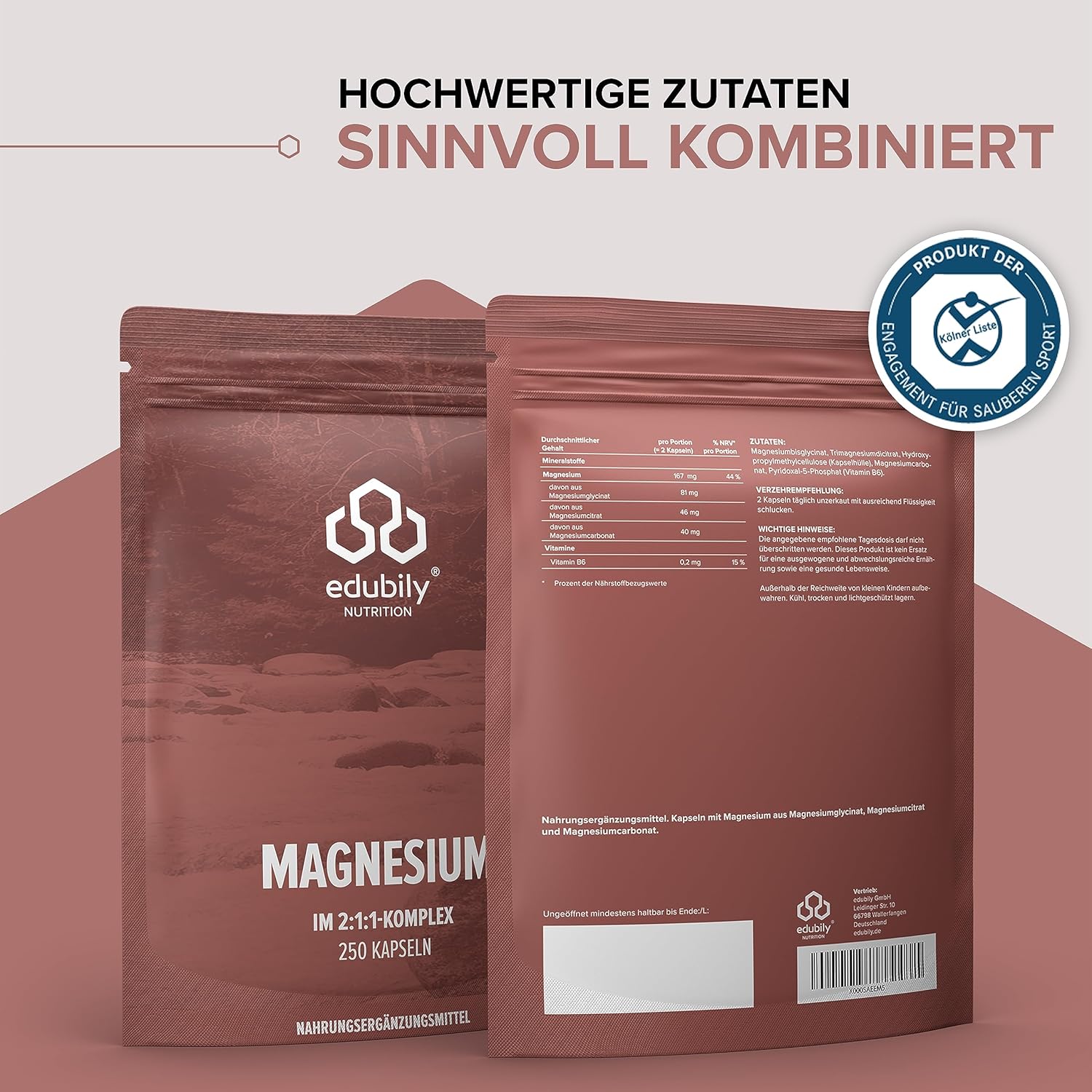 Magnesium Komplex mit B6 & Zink – edubily nutrition® Magnesium Complex Capsules • Magnesium Blend of Magnesium Glycinate, Magnesium Citrate & Magnesium Carbonate • No Magnesium Stearate • With Vitamin B6 (P5P) • Vegan (250 Capsules) – Bild 6