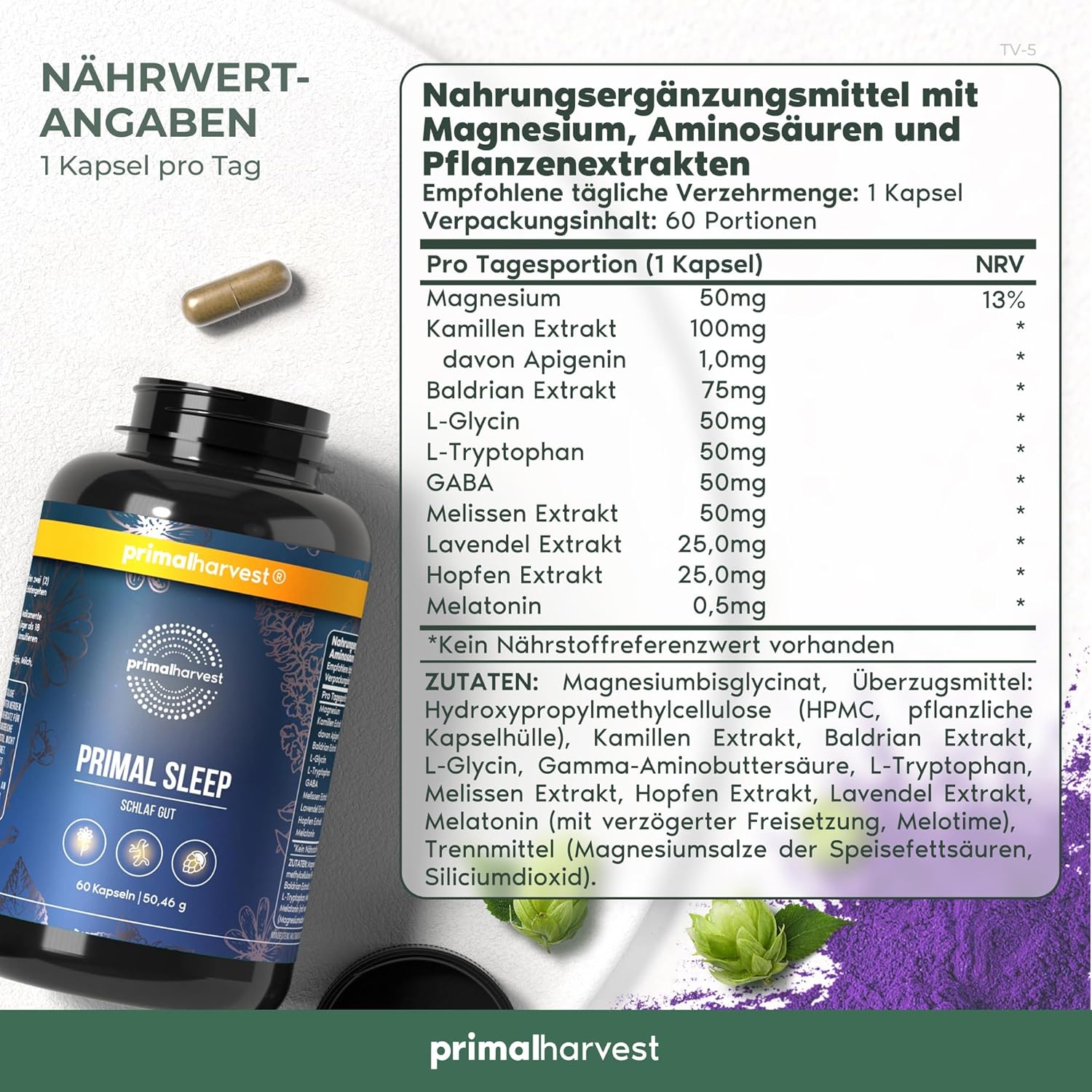 Schlaf-Magnesium mit Melatonin – Natürlich einschlafen & durchschlafen – Primal Harvest® Schlaf Gut Capsules (Pack of 60) - Natural Blend with Apigenin, L-Tryptophan, Chamomile and Valerian - Herbal Blend as Melatonin Alternative - Made in Germany – Bild 2