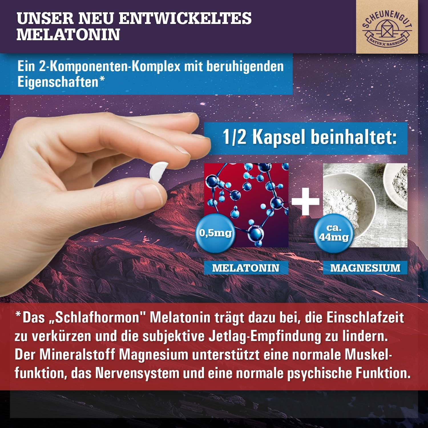 Schlaf-Magnesium mit Melatonin – Natürlich einschlafen & durchschlafen – Melatonin Tablets, 365 Pieces, 0.5 mg per 1/2 Tablet, Important: 0.5 mg Bioactive Melatonin, High Dose, 1/2 Tablet each, Optimal Sleep Complex, Laboratory Tested and Vegan DE SCHEUNENGUT® – Bild 2