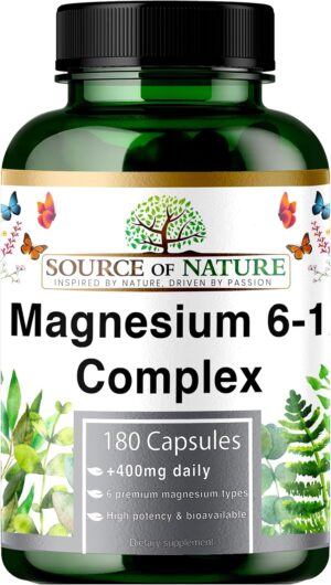 Magnesium 400 mg – Magnesium Complex 6-1 1500 mg Daily | 400 mg Elemental Magnesium | Oxide, Bisglycinate, Malate, Taurate, Citrate & Aspartate | 180 Vegan Capsules | High Dose & High Bioavailability