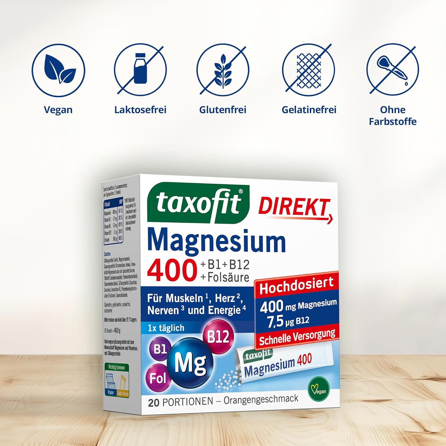 Magnesium 400 mg – taxofit Magnesium 400 Direct Granules + B1 + B6 + B12 + Folic Acid 800 μg | 5 x 20 Portion Bags | High Dose Magnesium 400 mg Made of Magnesium Oxide for Muscles ¹, Heart² & Energy Metabolism³ – Bild 4