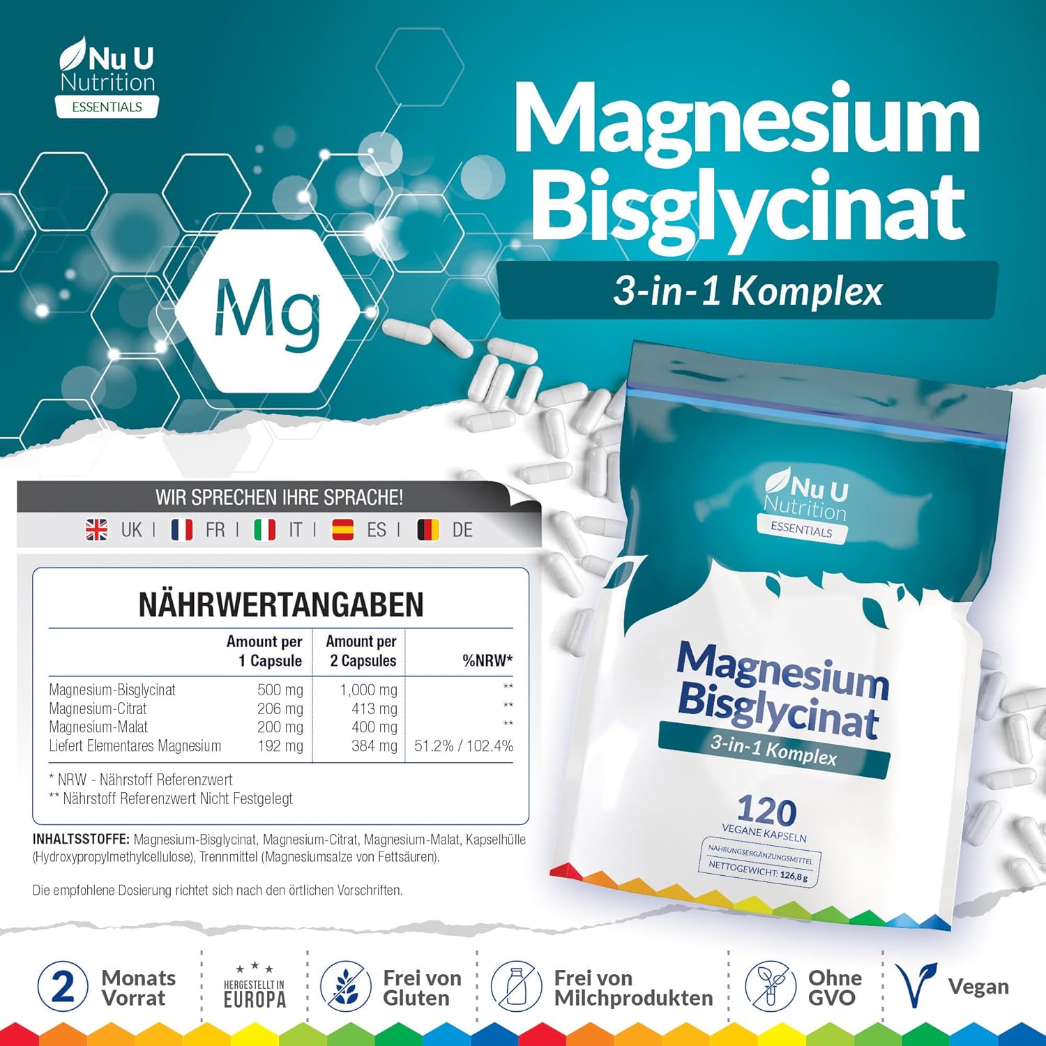 Magnesium Komplex mit B6 & Zink – Magnesium Glycinate 3-in-1 Complex 1813 mg - 120 Vegan Capsules - Triple High Absorption Bisglycinate, Citrate & Malate - 384 mg Elemental Magnesium - Nu U Nutrition – Bild 2