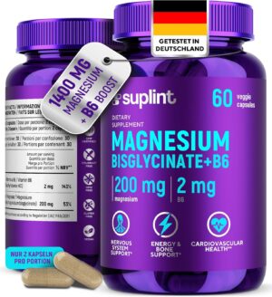 Magnesium Komplex mit B6 & Zink โ Magnesium Bisglycinate 200 mg - With Vitamin B6 for Better Absorption - High Dose & Laboratory Tested - Magnesium Complex Tablets - Vegan, No Additives - 60 Capsules for 1 Month (1 Pack)