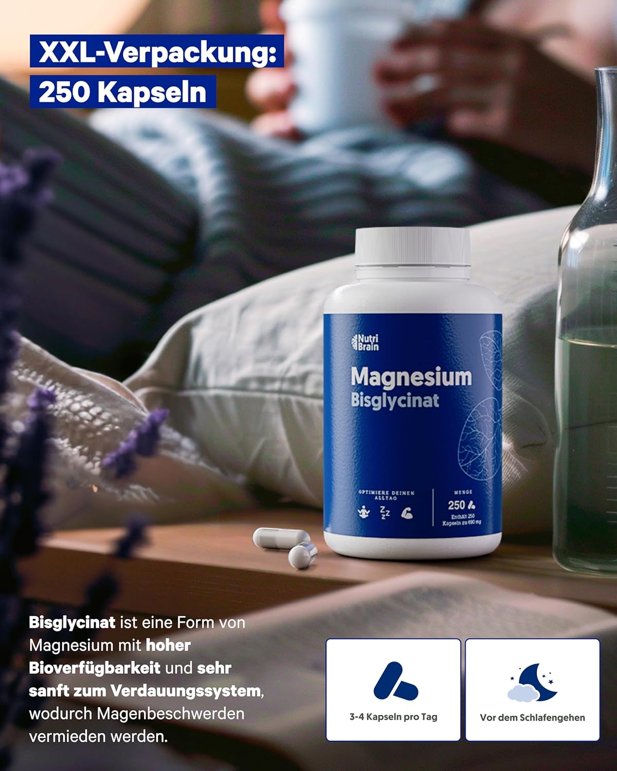 Magnesium 600 mg – Magnesium Bisglycinate 2000 mg - High Dose, 250 Capsules | Premium: Chelated Magnesium with High Bioavailability for Restful Sleep, Energy, Bones and Muscles, Concentration – Bild 3