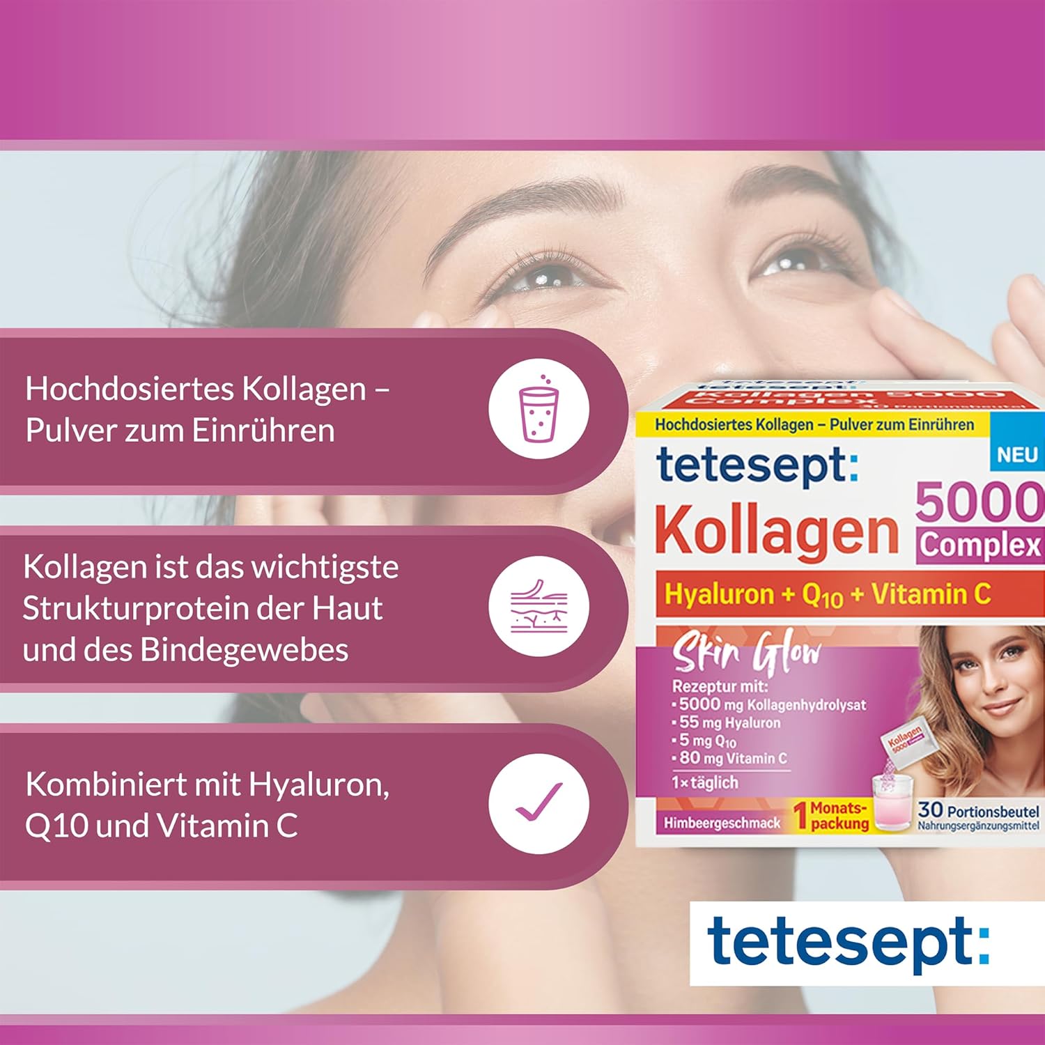 Schlaf-Magnesium mit Melatonin – Natürlich einschlafen & durchschlafen – tetesept Collagen 5000 Complex High-Quality Beauty Collagen Complex with Collagen Hydrolysate, Hyaluronic Acid, Q10 & Vitamin C - for Beautiful, Radiant Skin - 1 x 30 Portion Bags – Bild 3