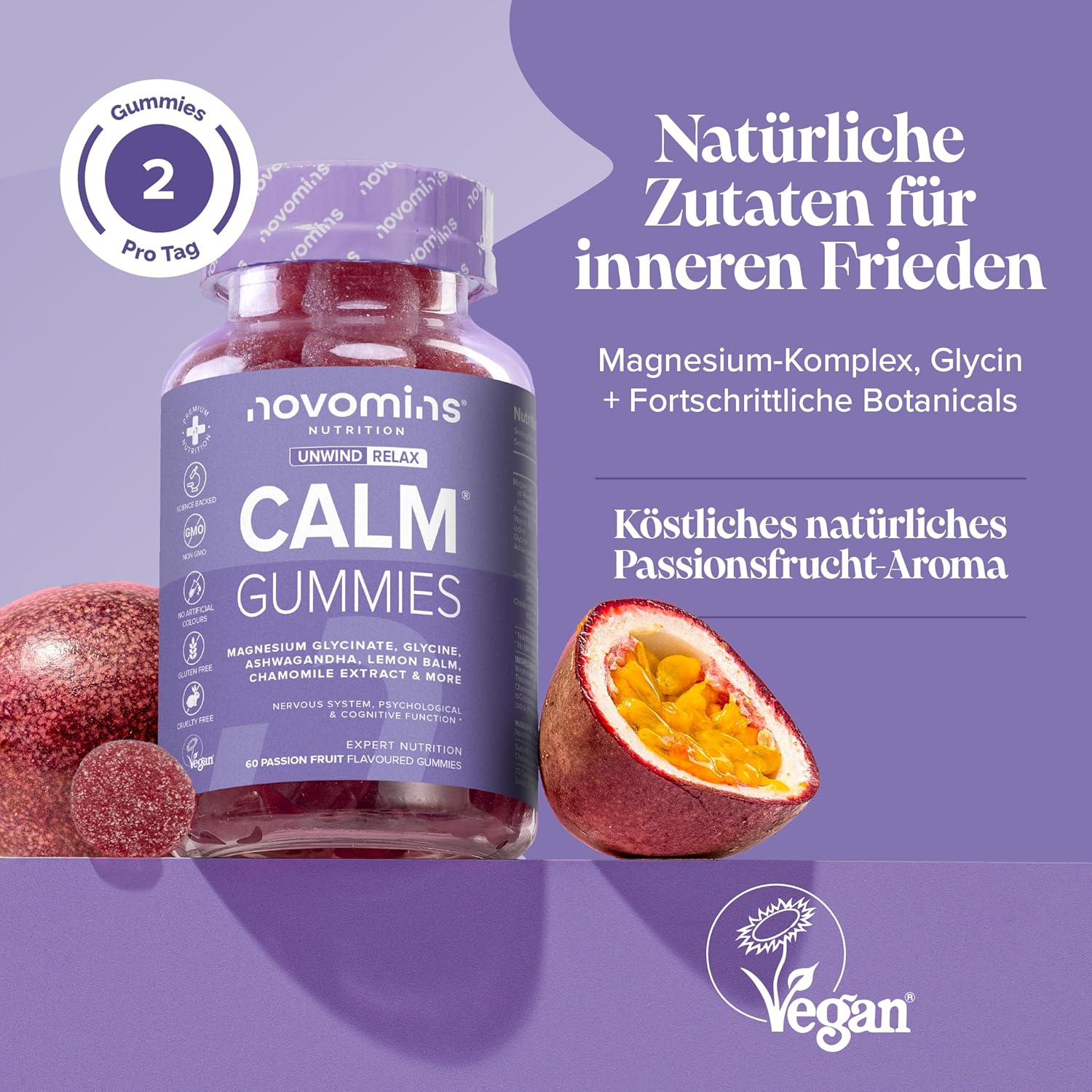 Magnesium Komplex mit B6 & Zink – Calm Gummis mit Magnesiumglycinat – Mit Ashwagandha, Glycin, Zitronenmelisse, Kamille, Vitamin B12 & Jod – Zur Beruhigung & mentalen Balance – 60 Stück – Novomins – Bild 2