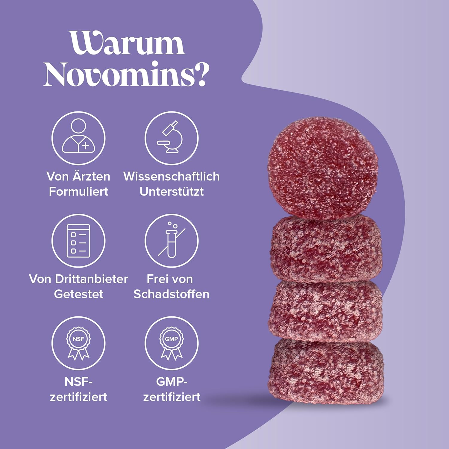 Magnesium Komplex mit B6 & Zink – Calm Gummis mit Magnesiumglycinat – Mit Ashwagandha, Glycin, Zitronenmelisse, Kamille, Vitamin B12 & Jod – Zur Beruhigung & mentalen Balance – 60 Stück – Novomins – Bild 6