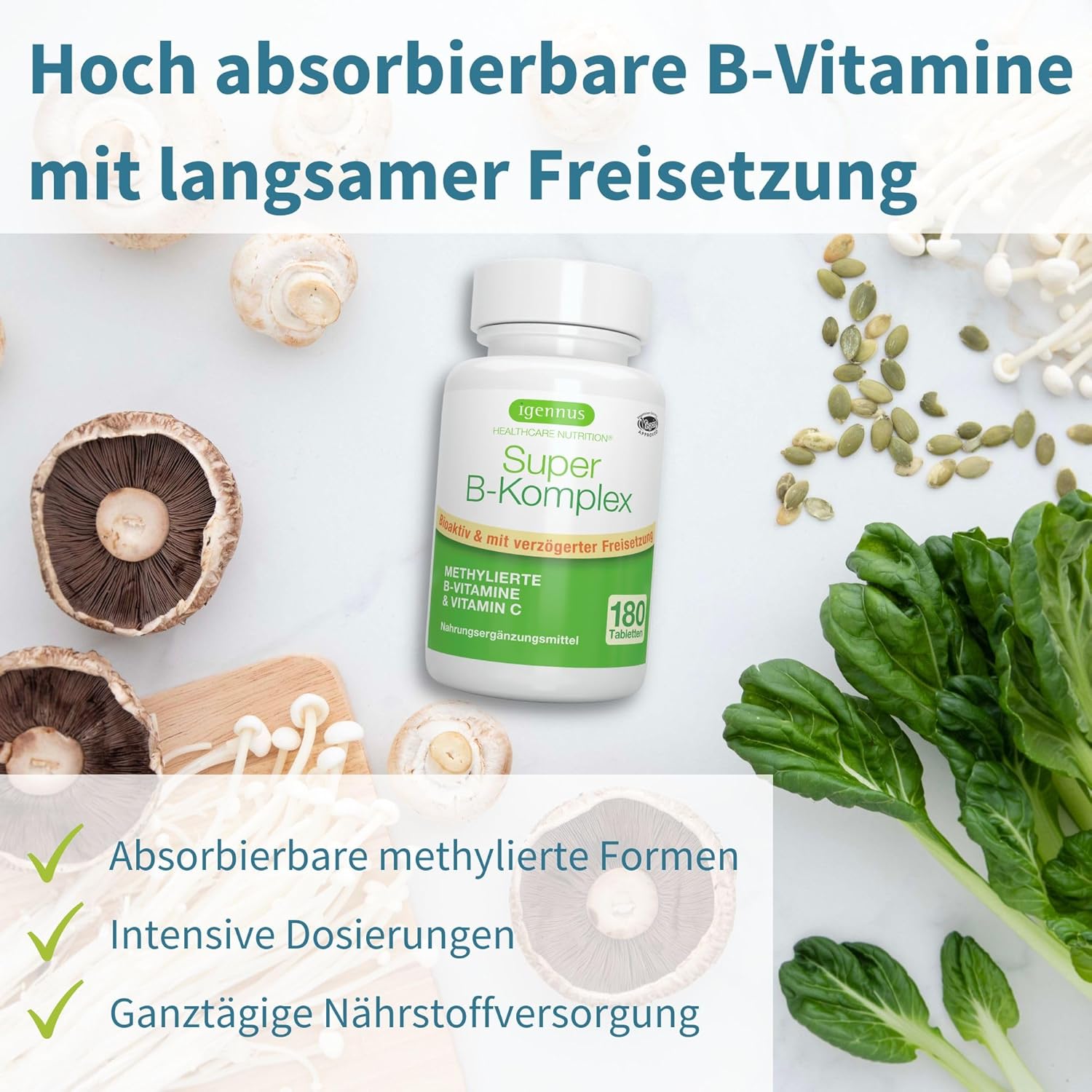 Magnesium Komplex mit B6 & Zink – Igennus Super B Complex - Methylated B-Vitamin Complex, 180 Tablets, Clean Label with Methylcobalamin, Methylfolate Plus Vitamin C, High Dose, Vegan – Bild 2