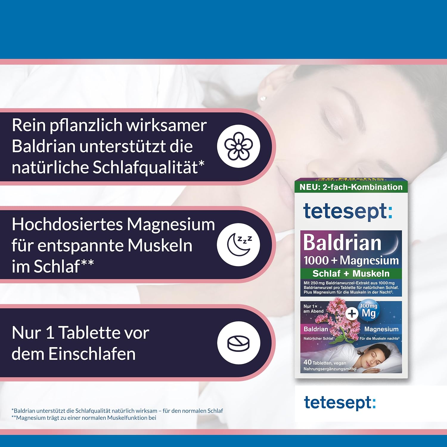 Schlaf-Magnesium mit Melatonin – Natürlich einschlafen & durchschlafen – tetesept Valerian 1000+ Magnesium - 1 × 40 Tablets - Dietary Supplement Supports Natural Sleep and Relaxed Muscles - Vegan – Bild 4