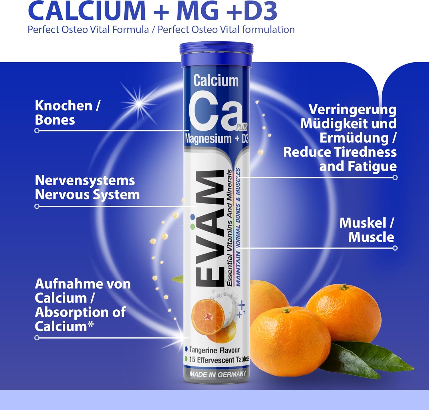 Magnesium 600 mg – Calcium Magnesium D3 Effervescent Tablets, Mandarin Flavour, 3 x 15 Pieces, Dietary Supplement to Support Bones and Muscles, Suitable for Vegetarians, Made in Germany – Bild 5