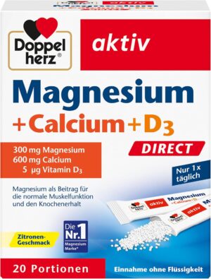 Magnesium 600 mg โ Double Heart Magnesium + Calcium + D3 Direct - Lemon Flavoured Supplement - For Normal Muscle Function - 1 x 20 Portions Micro Pellets