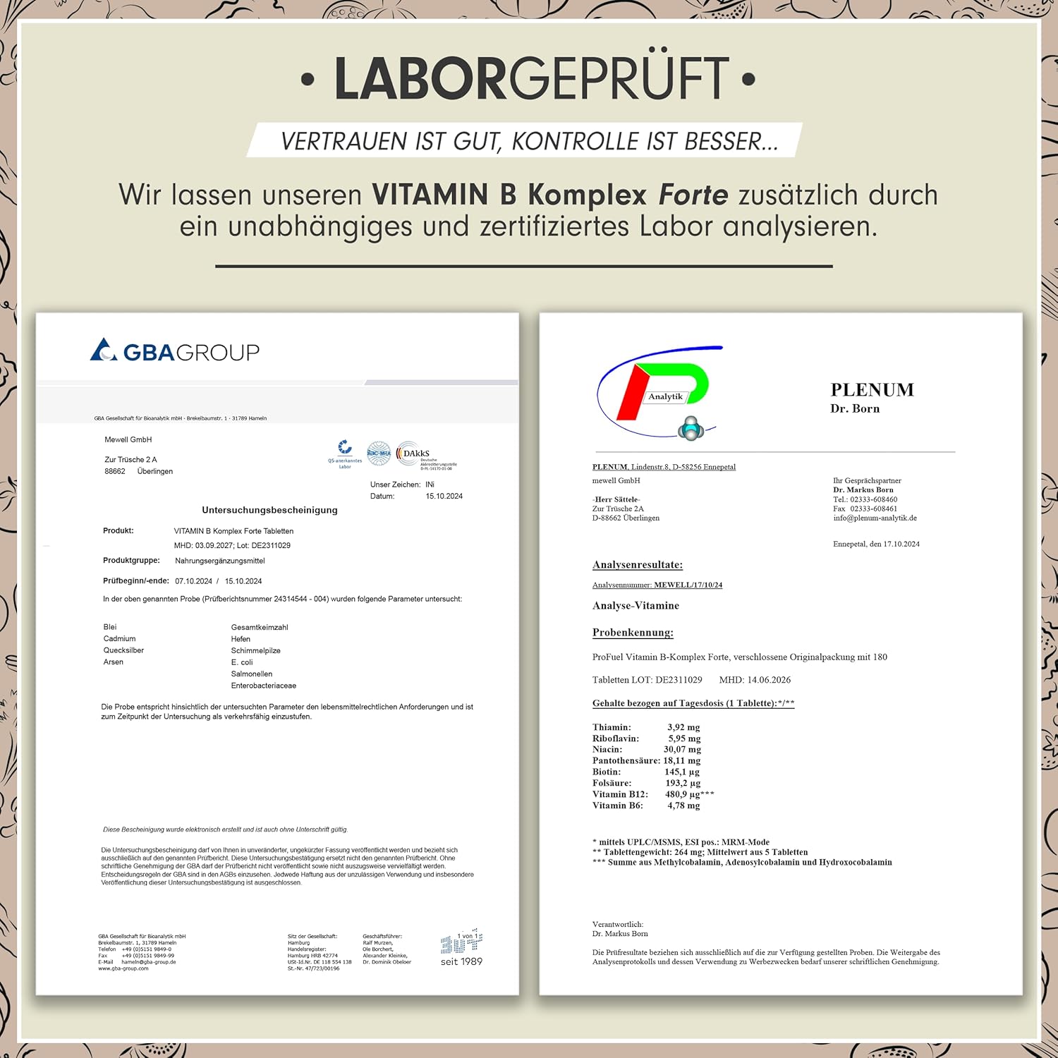 Magnesium Komplex mit B6 & Zink – Vitamin B Complex High Dose - 180 Tablets - All 8 B Vitamins (B1, B2, B3, B5, B6, B7, B9, B12) with Active Forms such as Quatrefolic®, Co-Factors Choline and Myo-Inositol, Laboratory Tested, Vegan – Bild 5