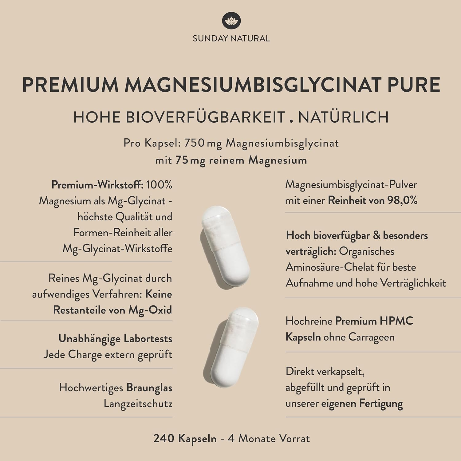 Magnesium Komplex mit B6 & Zink – SUNDAY NATURAL Magnesium Bisglycinate Premium - 240 Capsules - 150mg Pure Magnesium Glycinate Daily Dose High Dose - Magnesium Glycinate as Organic Amino Acid Chelate - Laboratory Tested, Vegan – Bild 2
