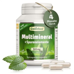 Magnesium Komplex mit B6 & Zink โ Greenfood Multimineral, High Dose, 510 mg - 120 Capsules, Vegan. Mineral Complex & Trace Elements - Magnesium, Calcium, Zinc, Selenium & Iodine - for Bones, Hair, Nails & Nerves. From Greenfood.