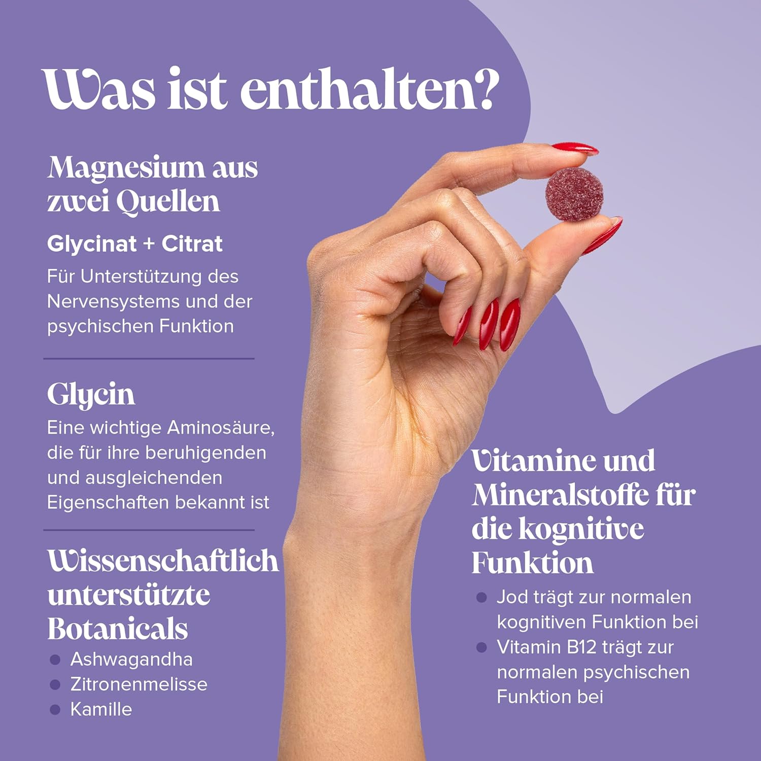 Magnesium Komplex mit B6 & Zink – Calm Gummis mit Magnesiumglycinat – Mit Ashwagandha, Glycin, Zitronenmelisse, Kamille, Vitamin B12 & Jod – Zur Beruhigung & mentalen Balance – 60 Stück – Novomins – Bild 5