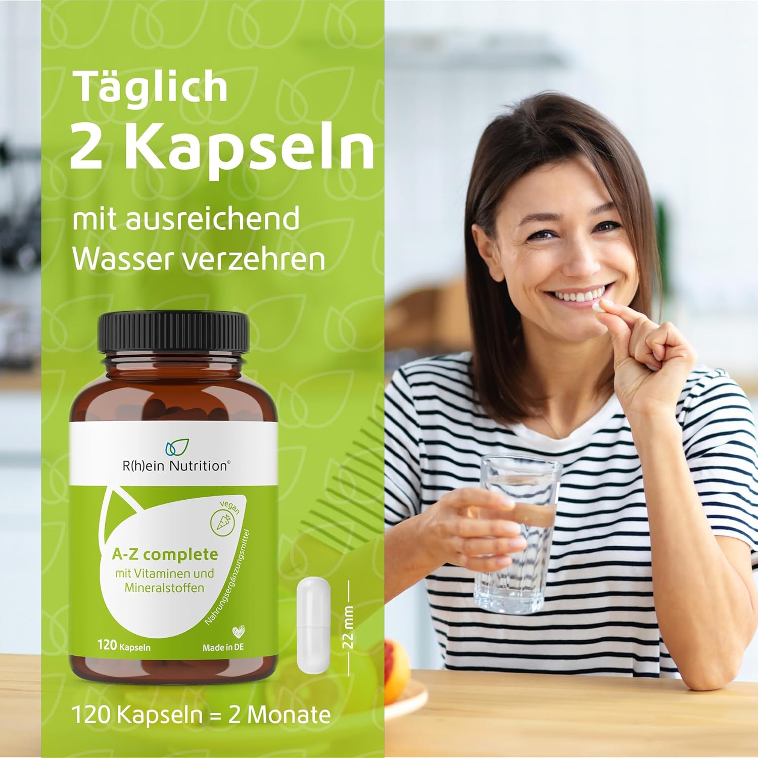 Magnesium Komplex mit B6 & Zink – A-Z Complete - Multivitamin Capsules High Dose - Minerals - 120 Capsules - Zinc Vitamin B Complex Magnesium - Vegan Without Additives - Made in Germany - Rhein Nutrition – Bild 7