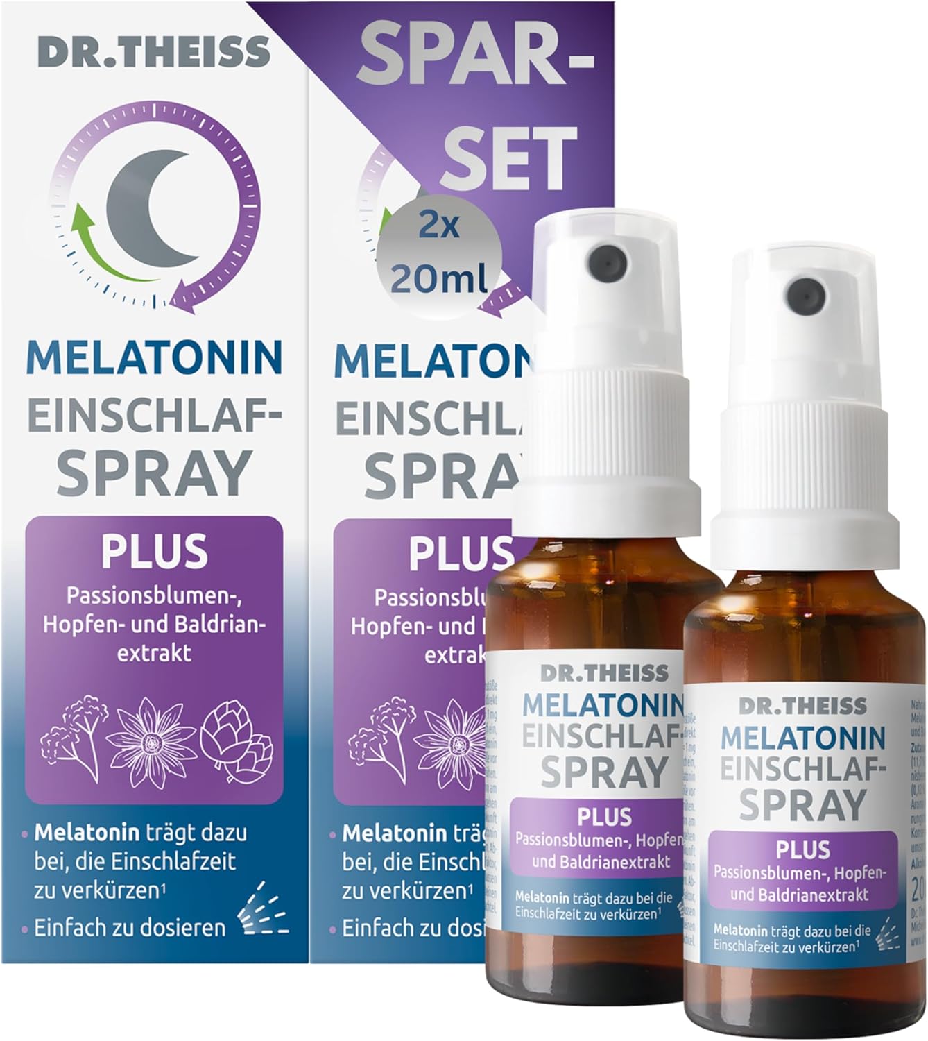 Schlaf-Magnesium mit Melatonin – Natürlich einschlafen & durchschlafen – Dr. Theiss Melatonin Sleep Spray Plus Economy Set | 0.25 mg Melatonin Daily | 2 x 20 ml | Passion Flower, Hop & Valerian Extract | Vegan | Currant Mint Flavour
