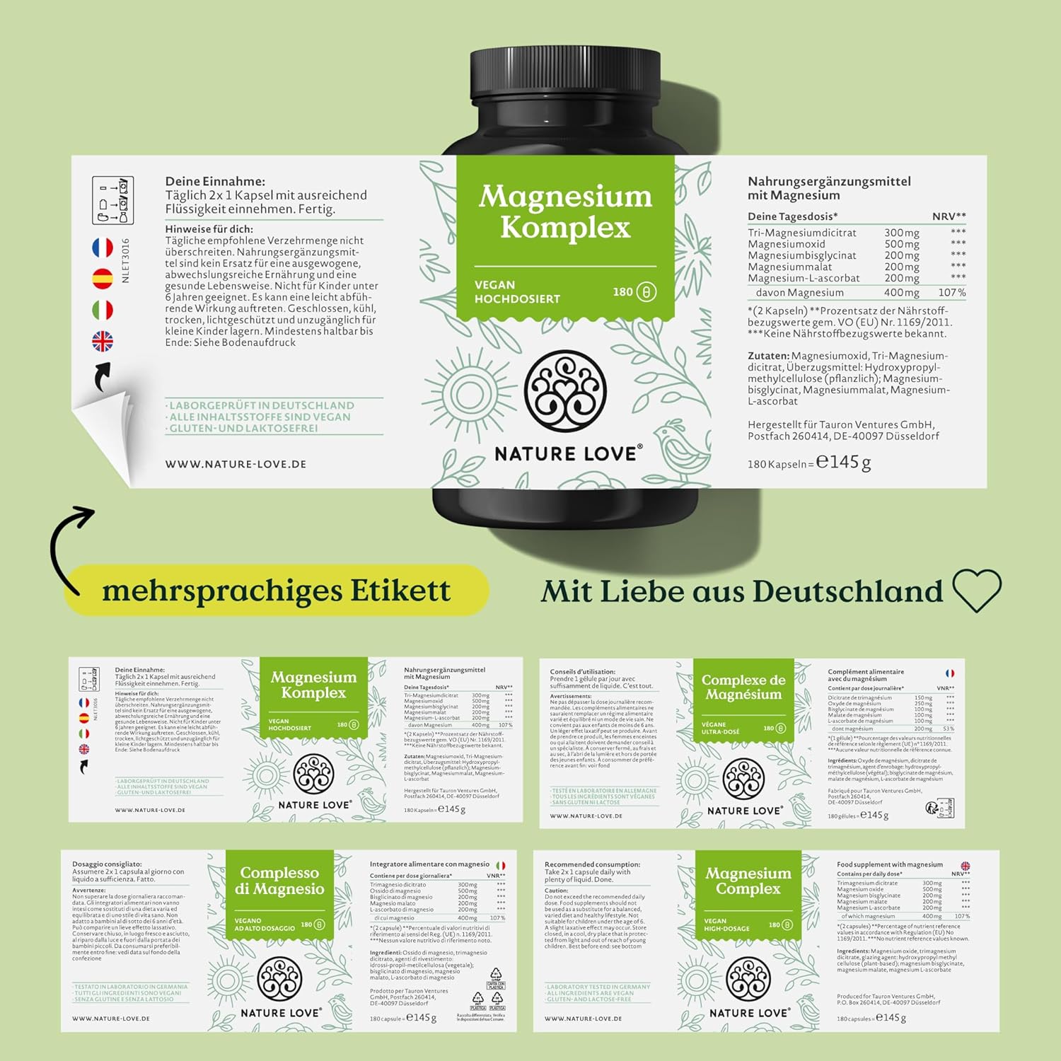 Magnesium Komplex mit B6 & Zink – NATURE LOVE® Magnesium Complex - 180 Capsules - 400 mg Elementary Magnesium per Daily Dose - Magnesium Citrate, Magnesium Oxide, Magnesium Bisglycinate, Magnesium Malate, Magnesium Scorbate – Vegan, – Bild 7