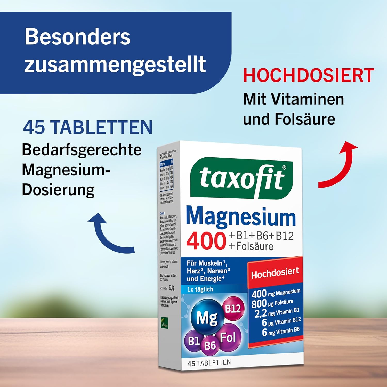 Magnesium Komplex mit B6 & Zink – taxofit® Magnesium 400 Tablets for Muscles, Heart, Nerves, Energy Metabolism & Blood Formation, High Dose, Vegan, Dietary Supplement with Magnesium, B Vitamins & Folic Acid, 5 x 45 Tablets – Bild 7